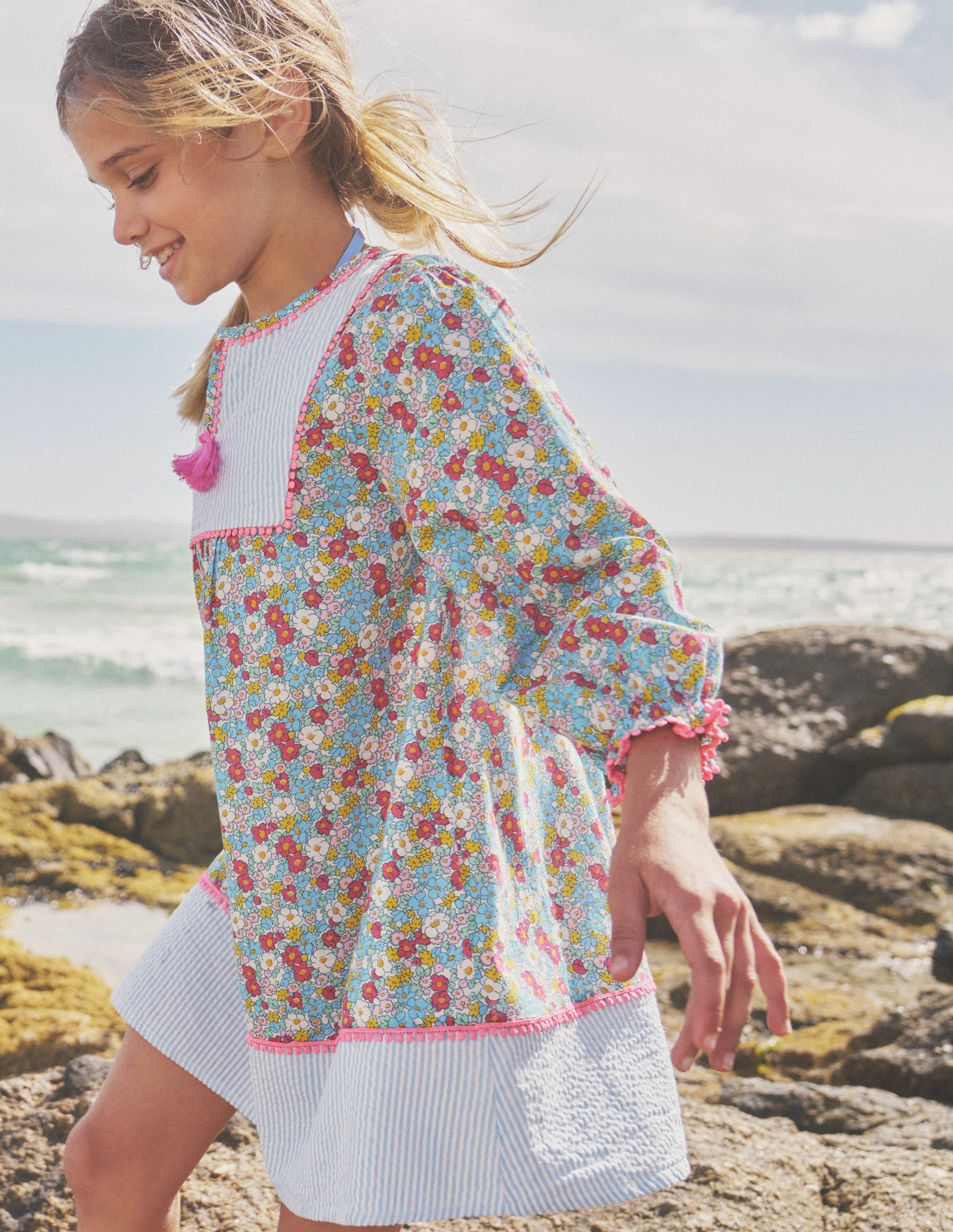 Long-sleeve Printed Kaftan-Festival Pink Nautical Floral - Image 4