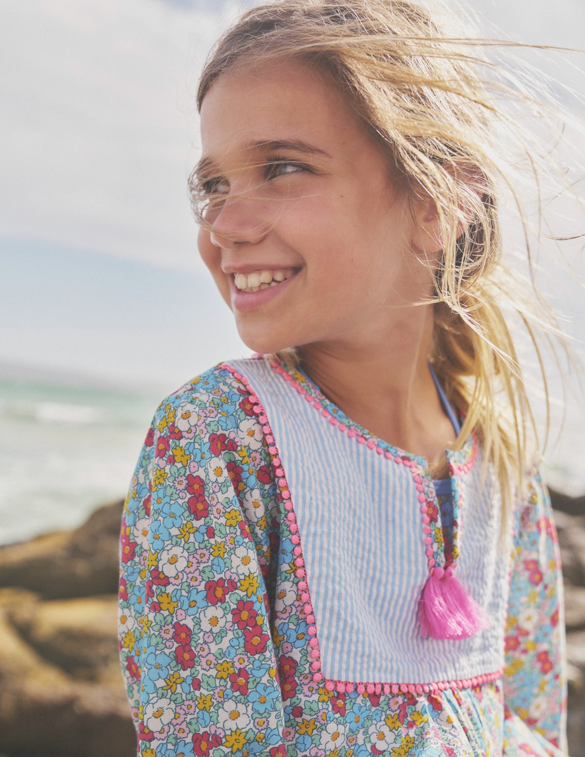 Long-sleeve Printed Kaftan-Festival Pink Nautical Floral - Image 5