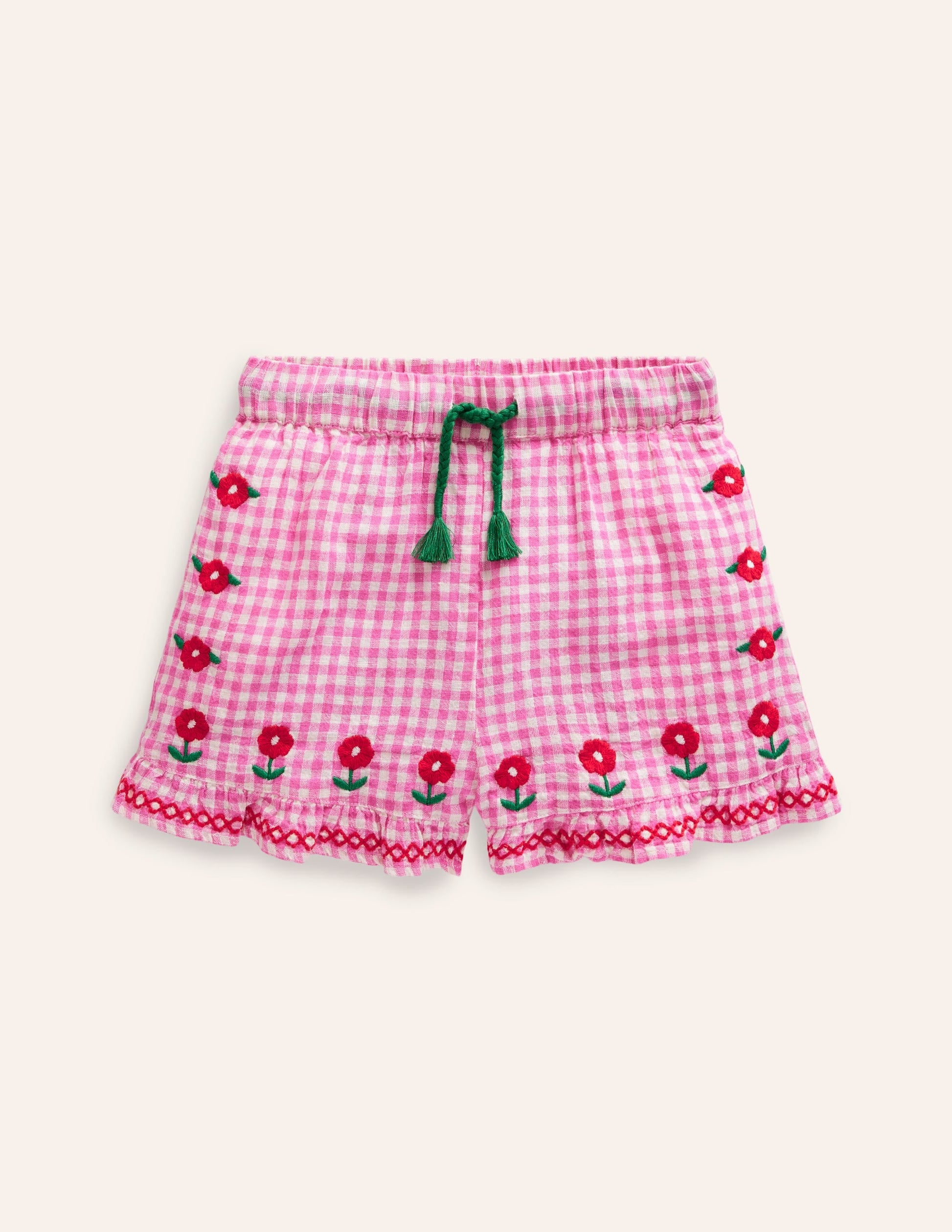 Frill Hem Woven Shorts-Pink/ Ivory Gingham-1