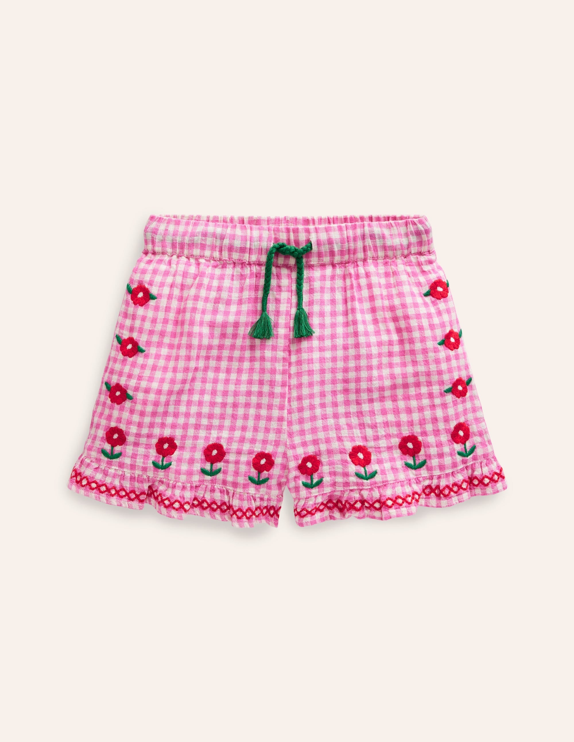 Frill Hem Woven Shorts-Pink/ Ivory Gingham - Image 1