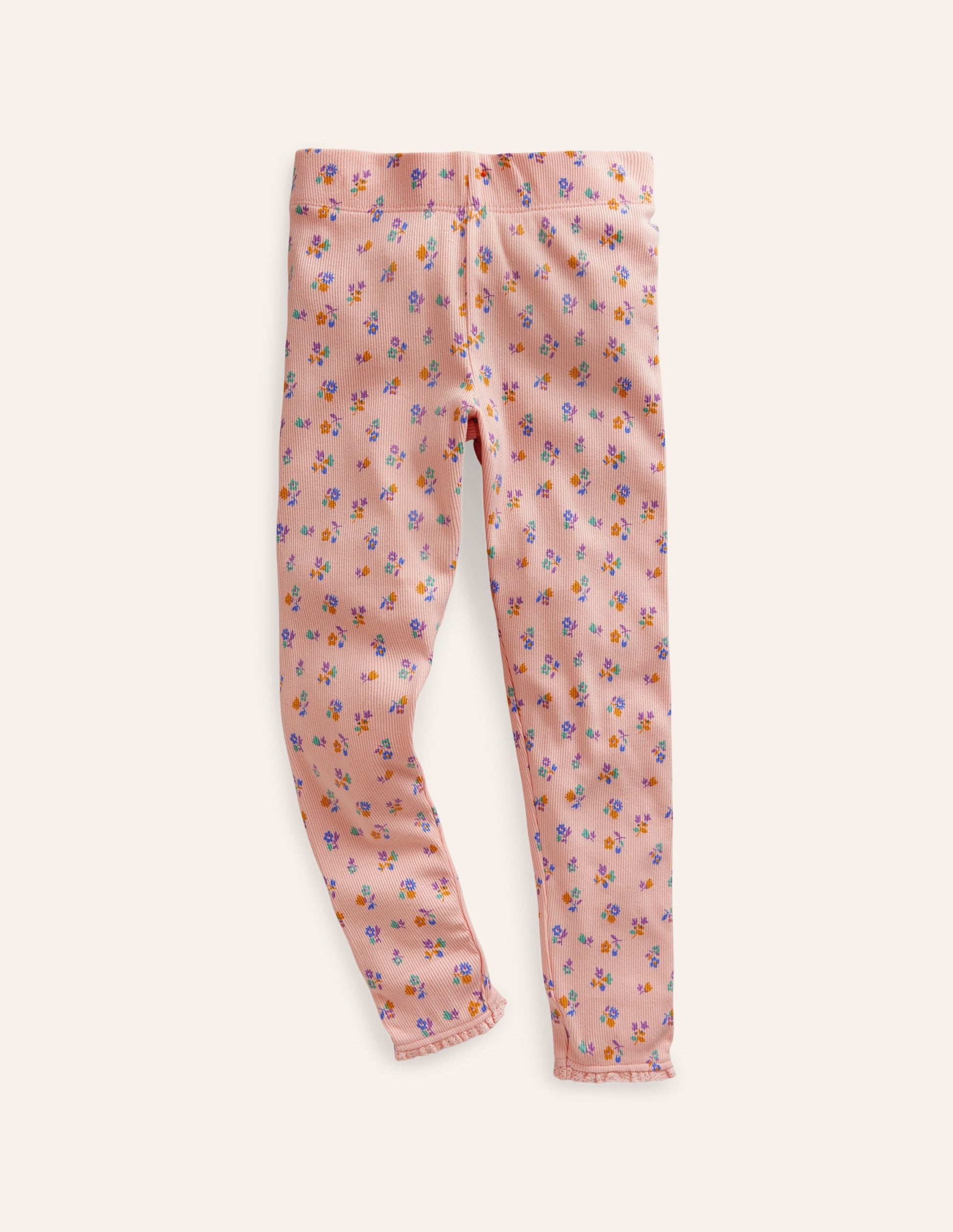 Lace Trim Rib Leggings-Provence Dusty Pink Floral-1