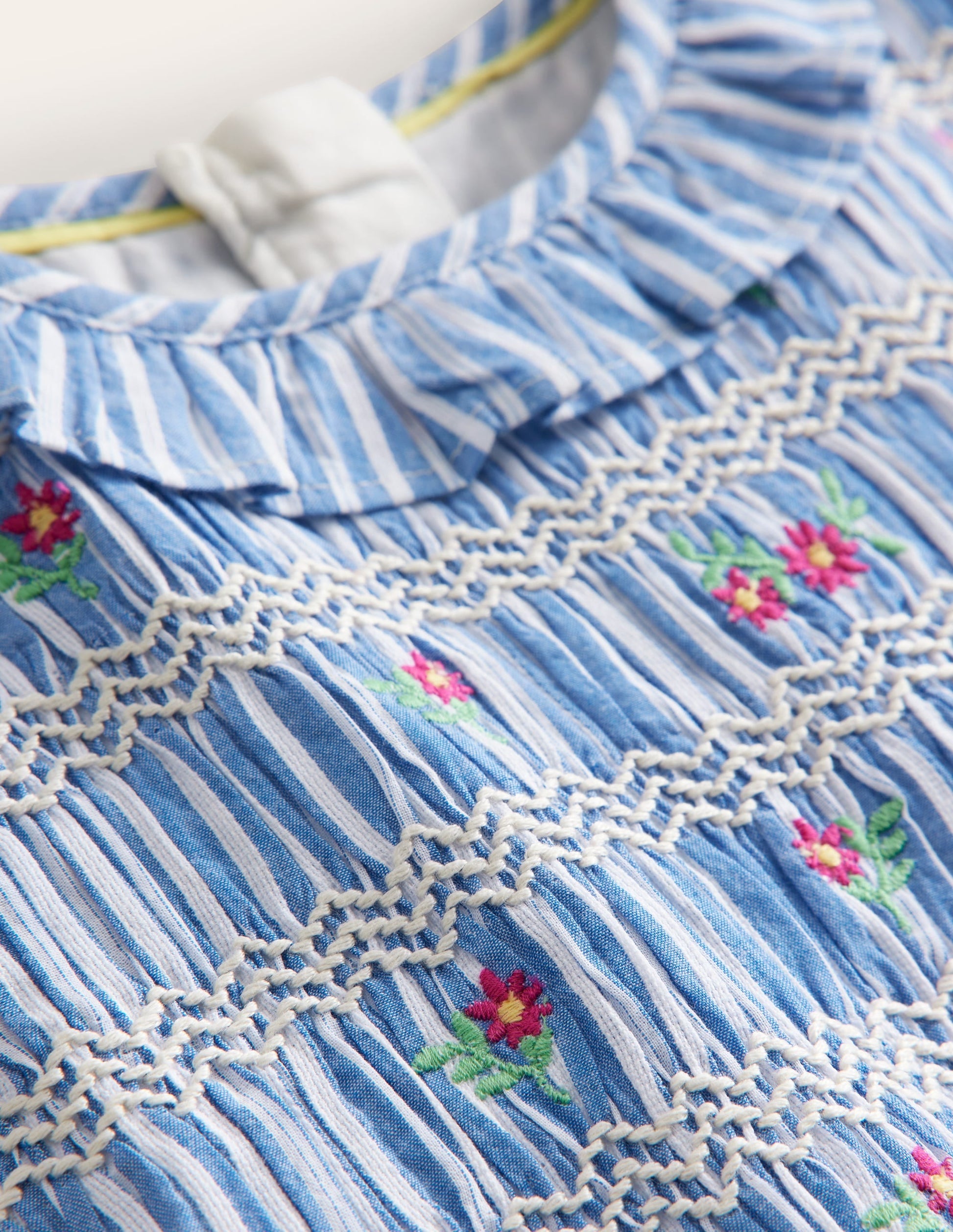 Smocked Bodice Dress-Mid Blue Leno Stripe-3