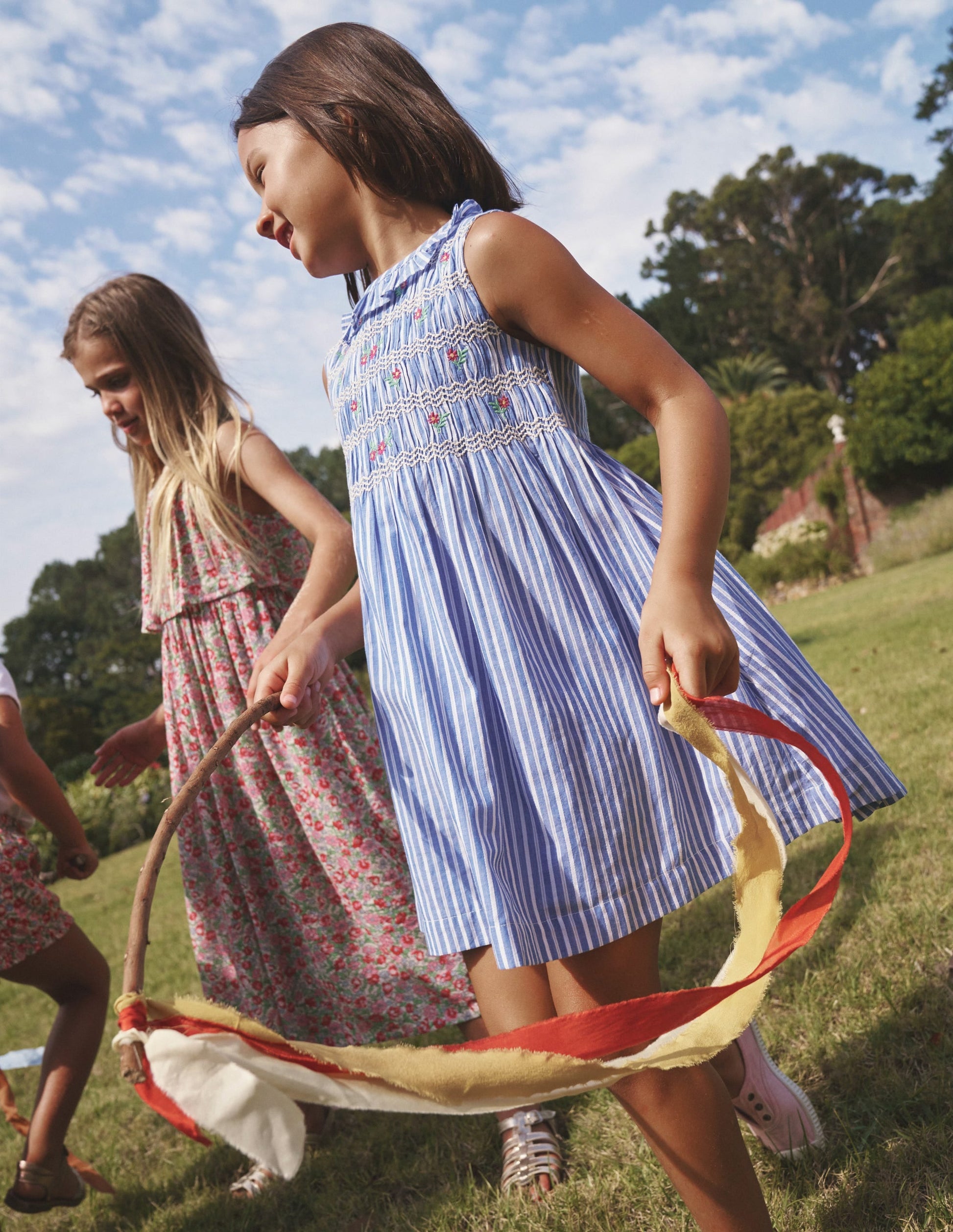Smocked Bodice Dress-Mid Blue Leno Stripe-4