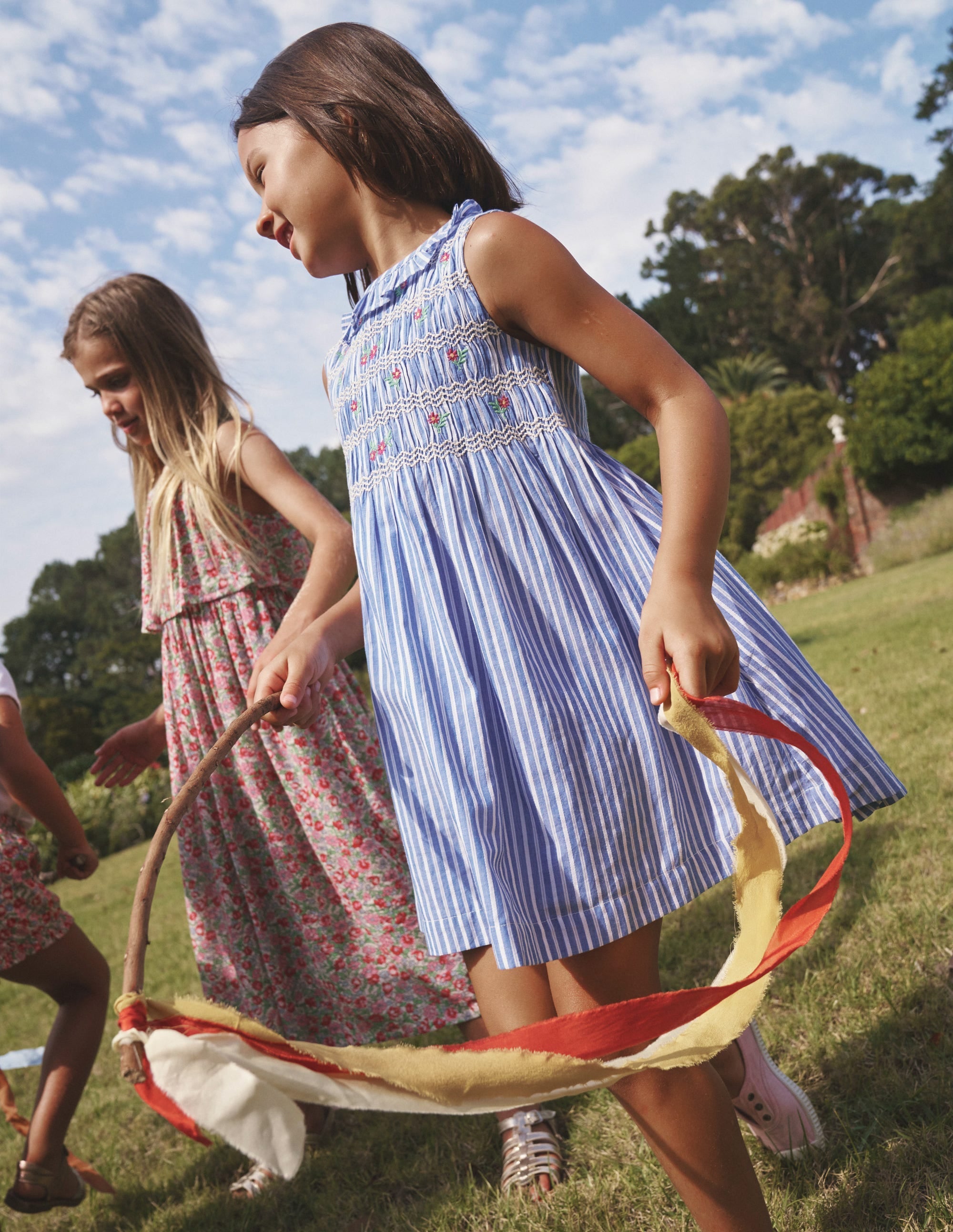 Smocked Bodice Dress-Mid Blue Leno Stripe - Image 4