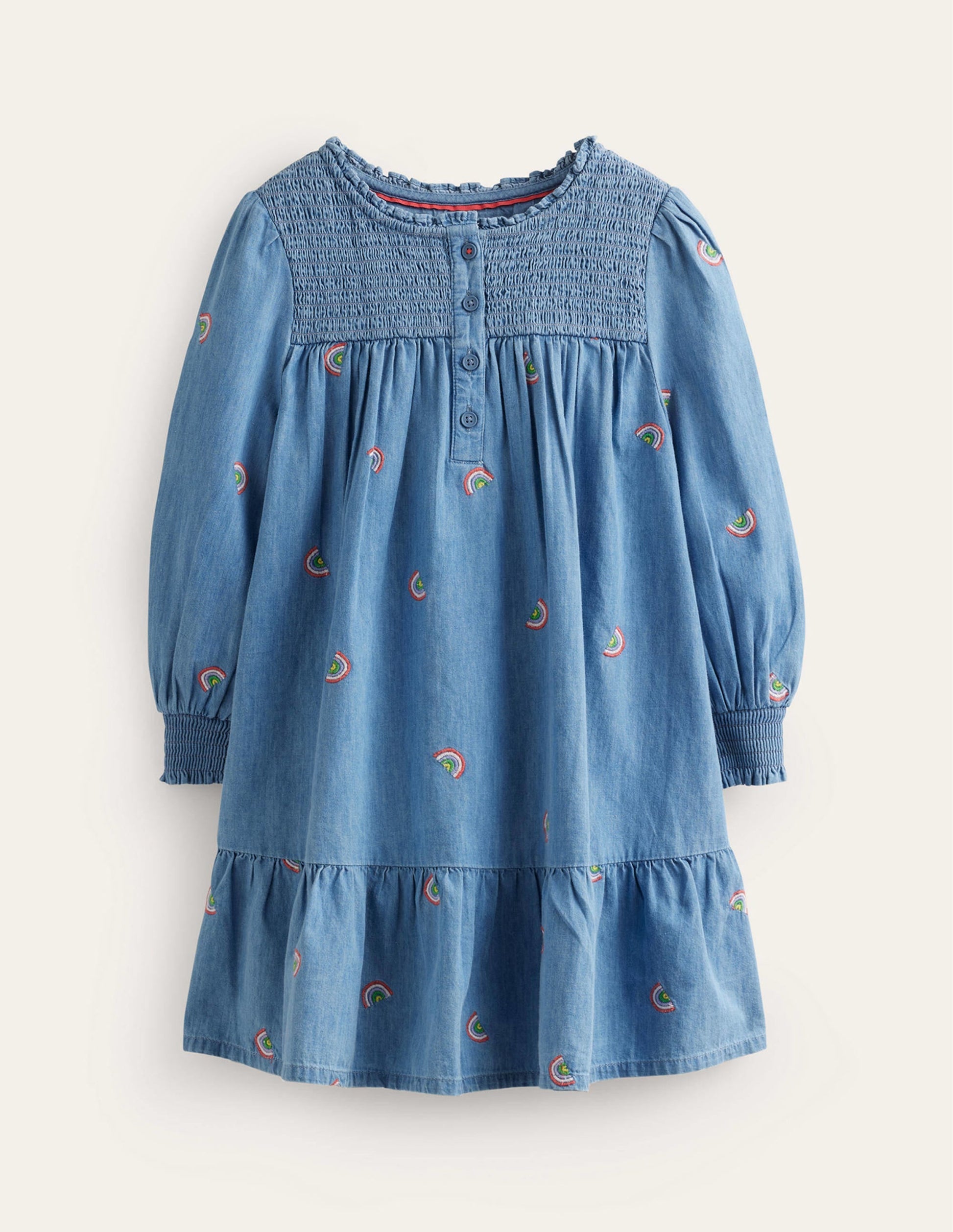 Embroidered Shirred Dress-Scattered Rainbow Embroidery-1