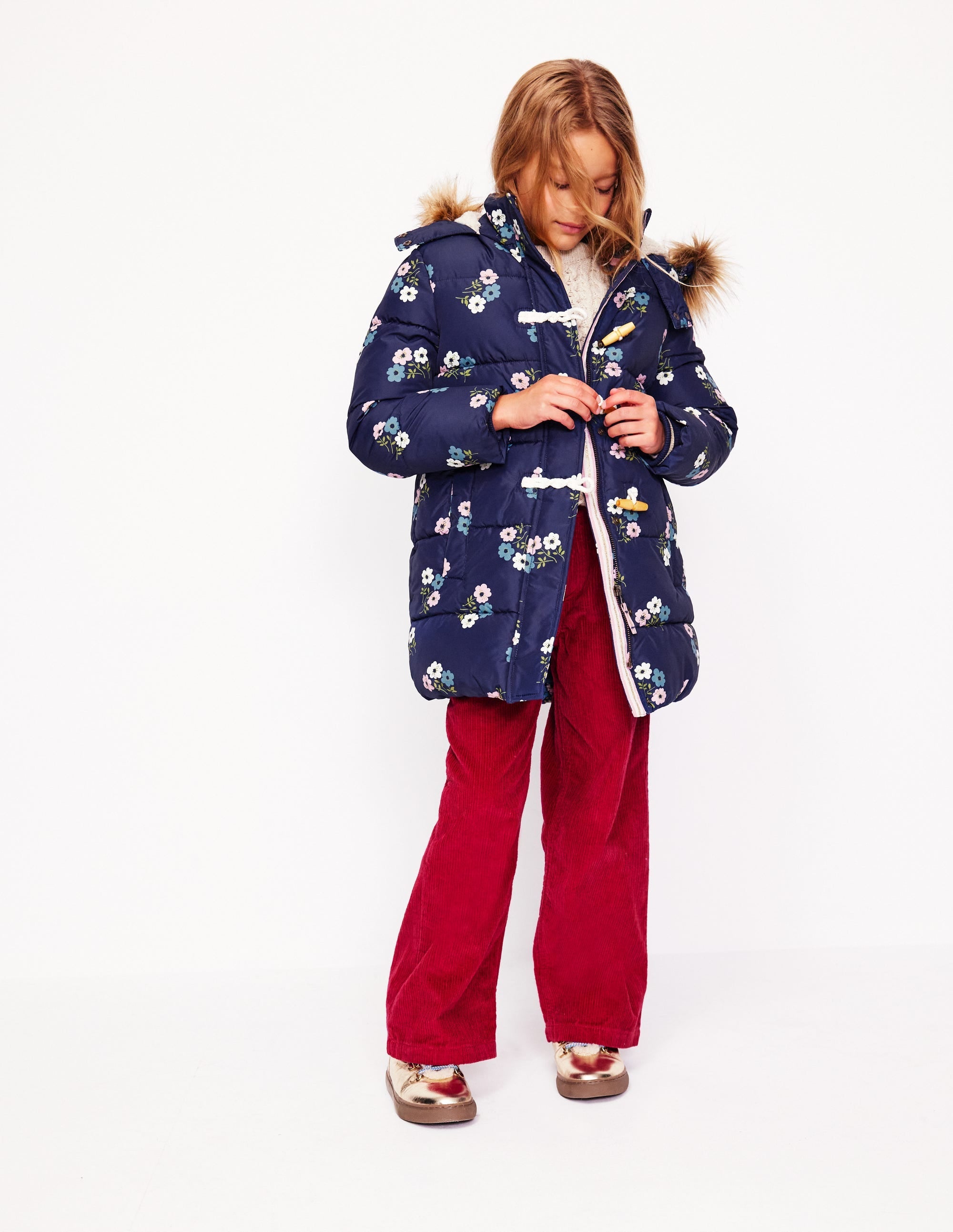 Longline Padded Coat-College Navy Posy - Image 6
