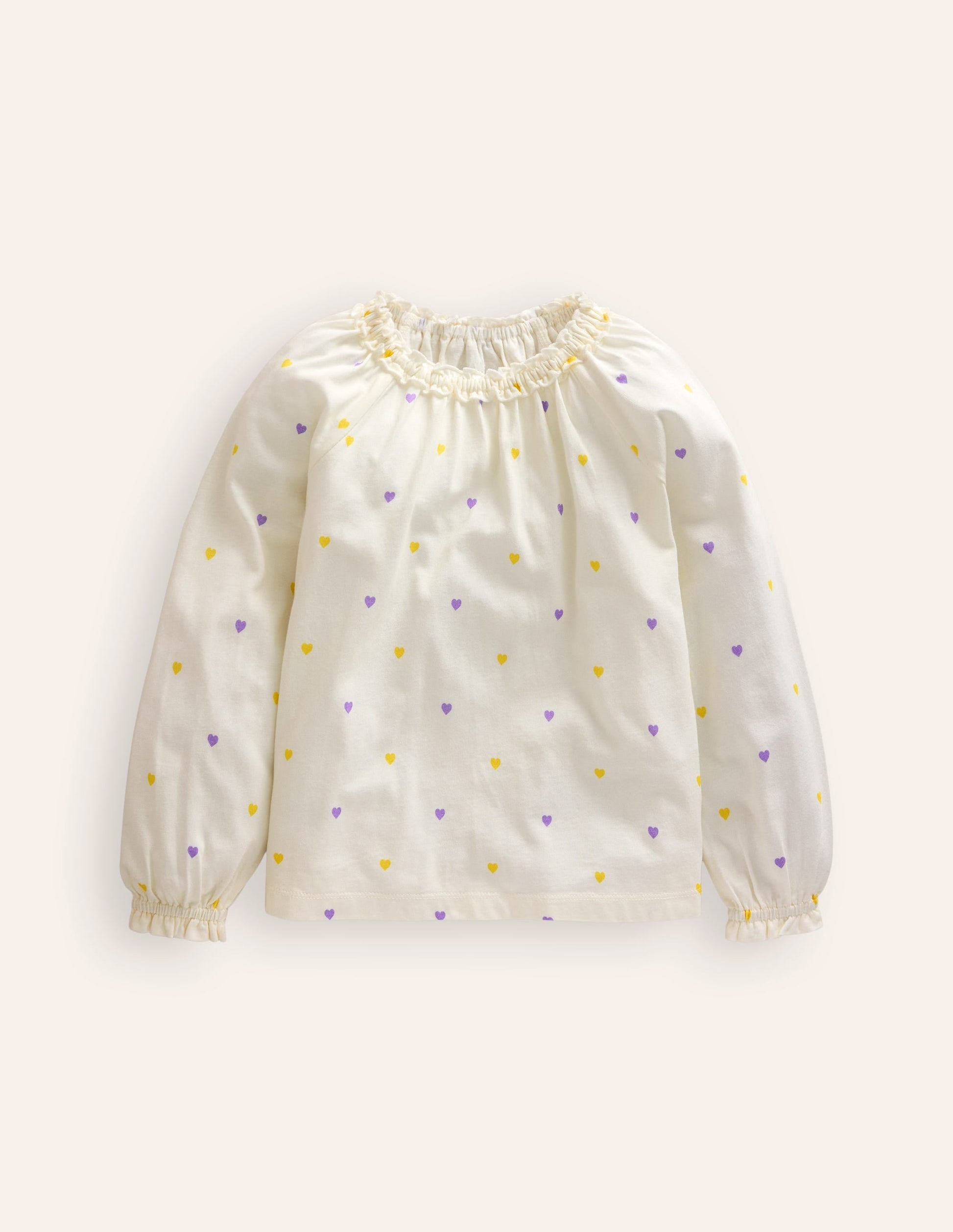 Frill Neck Jersey Blouse-Ivory Little Hearts-1