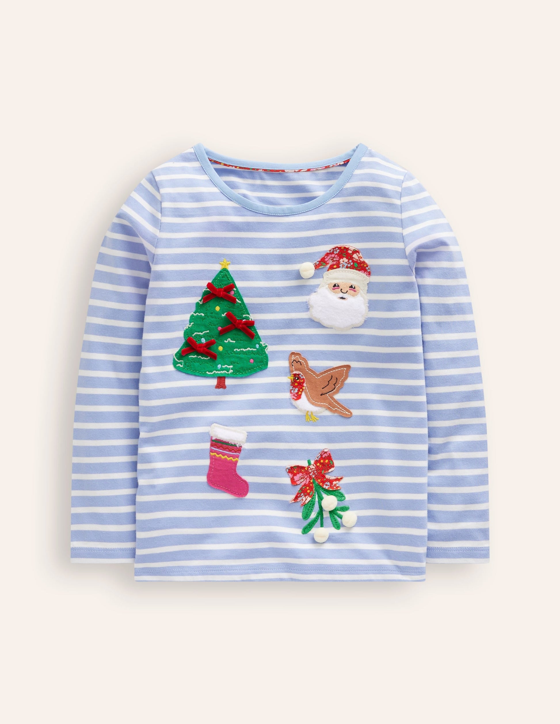 Appliqué Long Sleeve Top-Ivory/ Vintage Blue Festive-1
