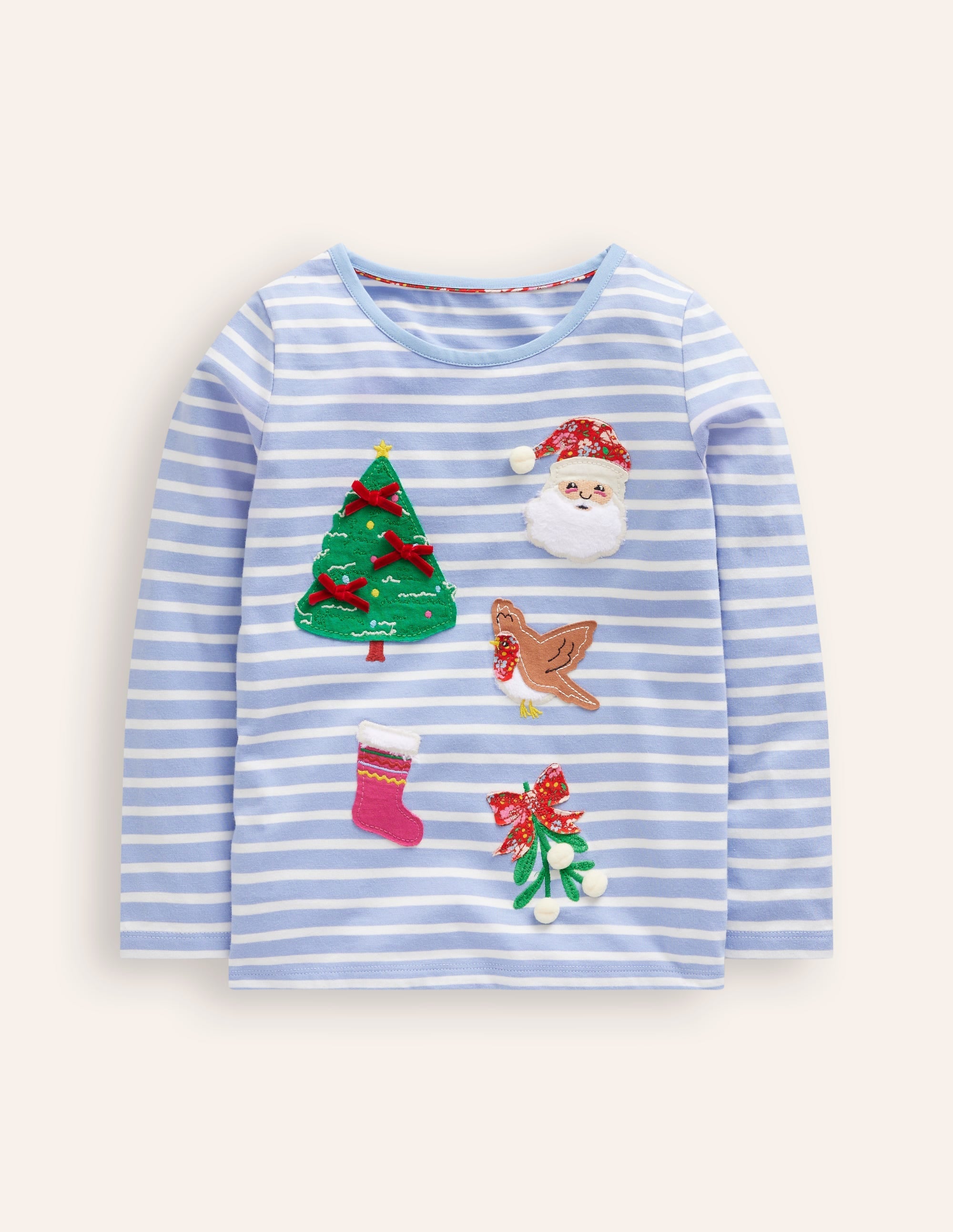 Appliqué Long Sleeve Top-Ivory/ Vintage Blue Festive - Image 1