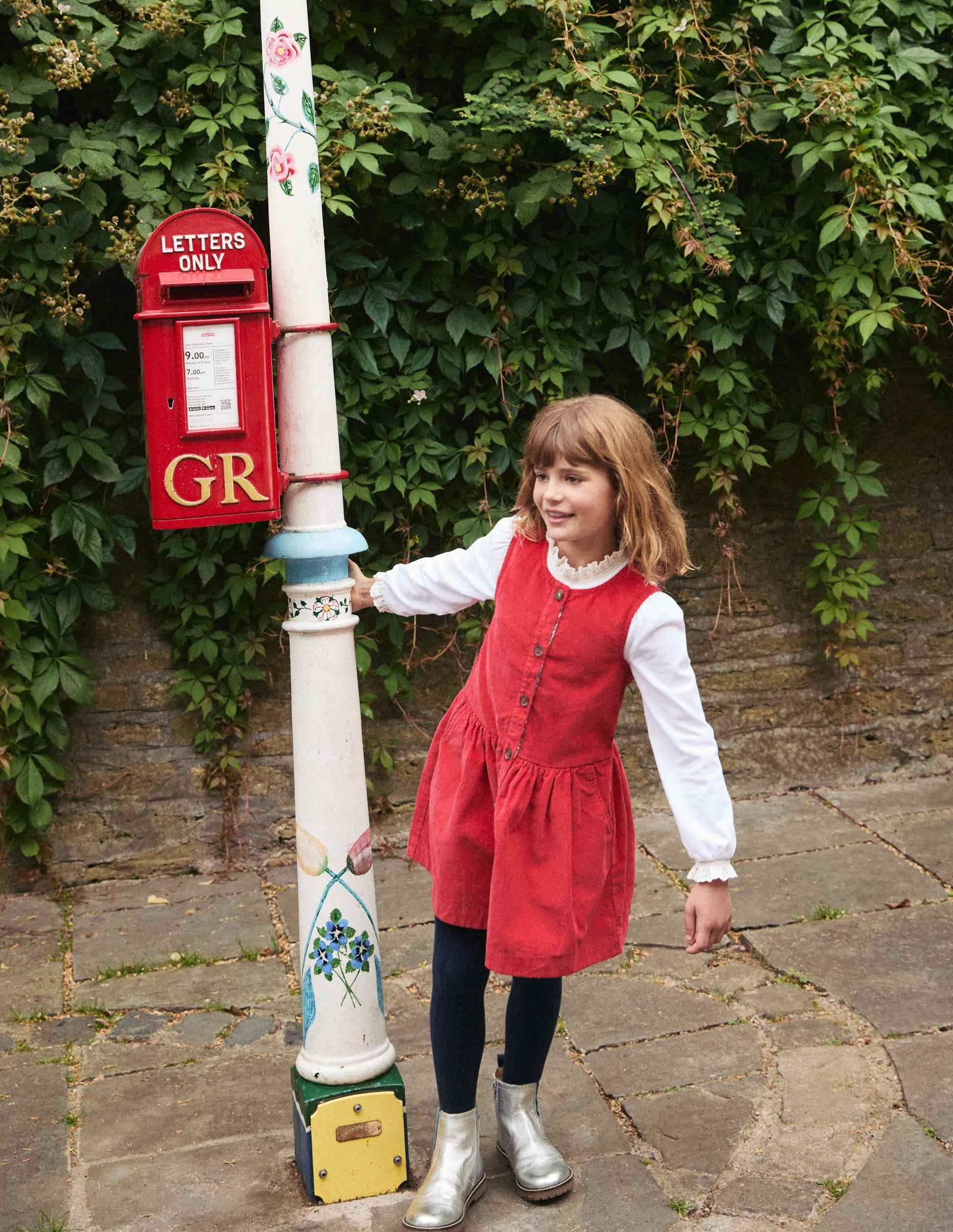 Button Through Pinafore Dress-Scarlet Red Cord-4