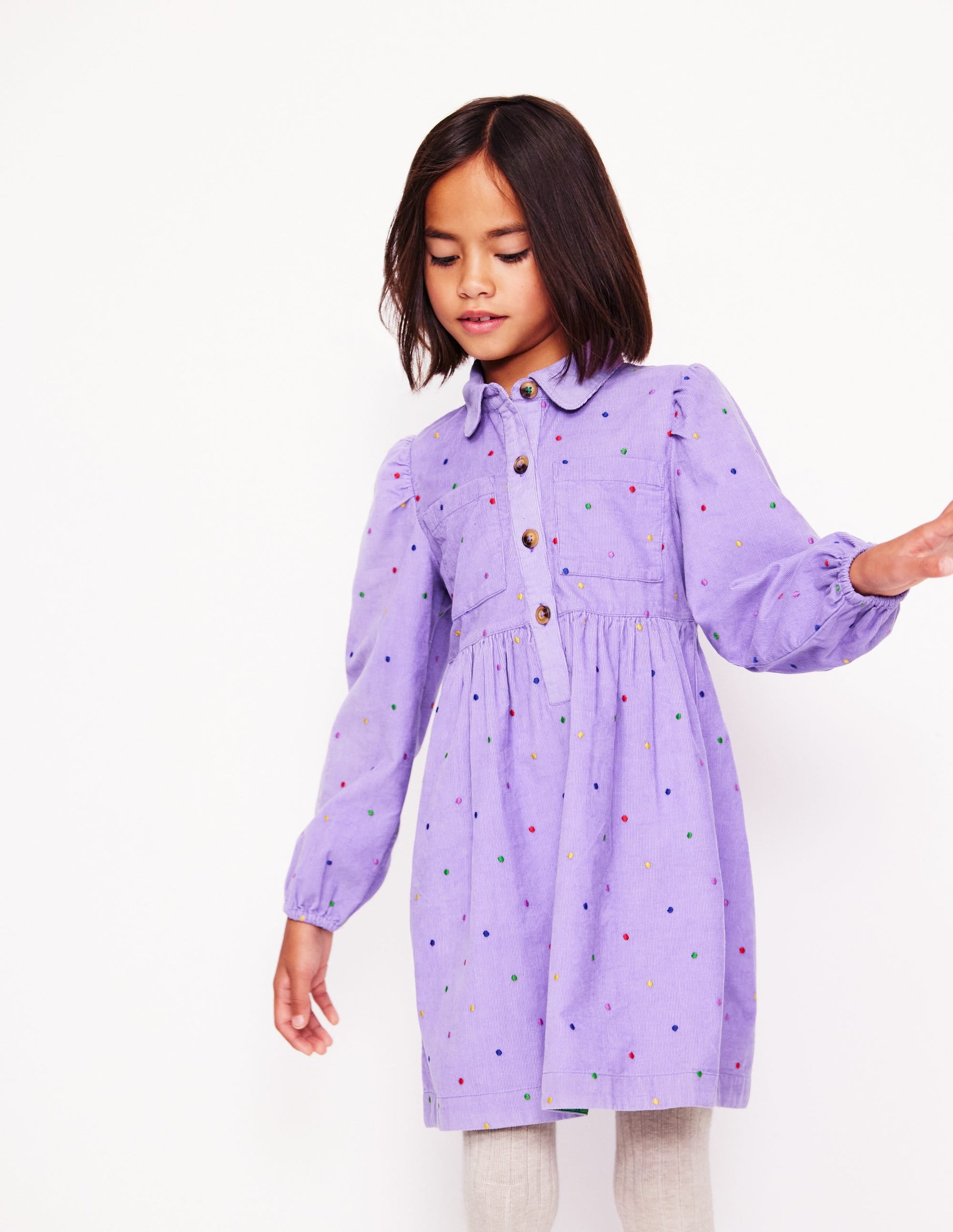 Puff Sleeve Shirt Dress-Aster Purple Embroidered Spot-4