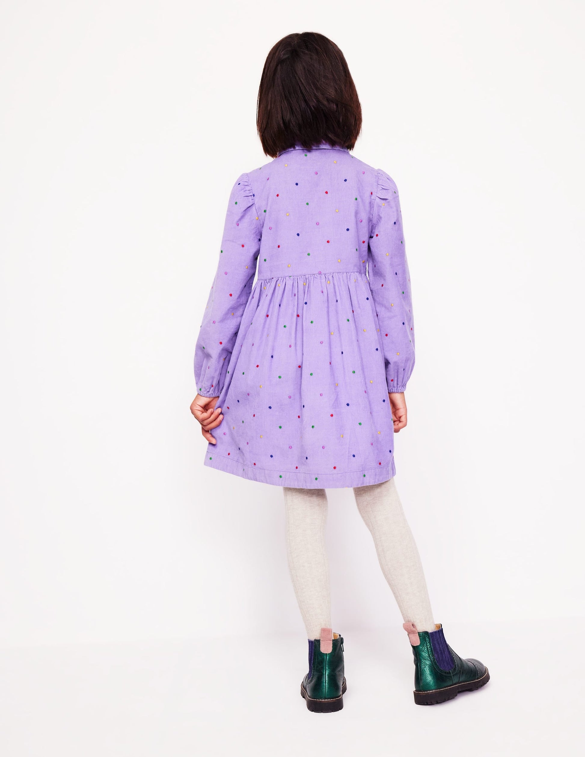 Puff Sleeve Shirt Dress-Aster Purple Embroidered Spot-5