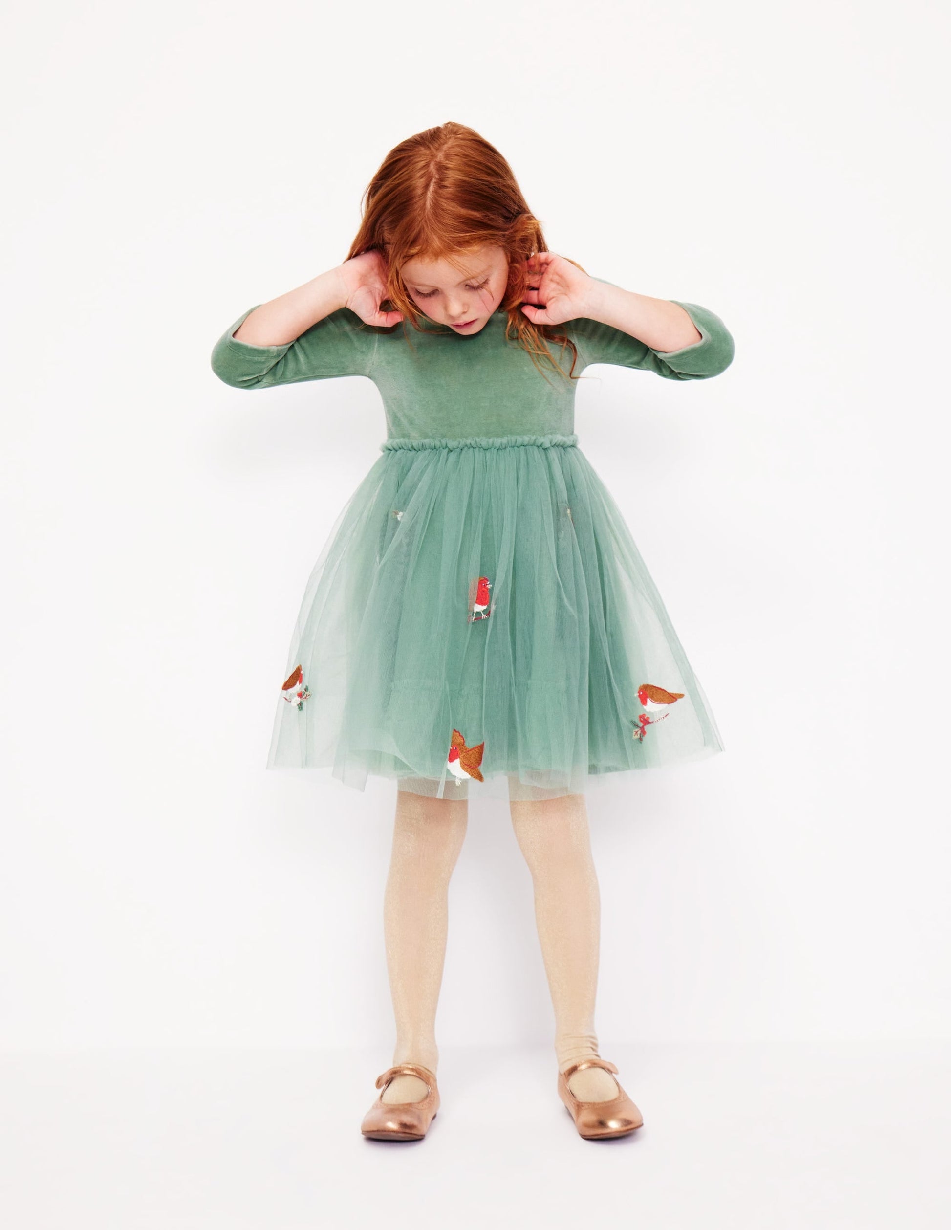 Velvet Tulle Appliqué Dress-Eucalyptus Robins-4