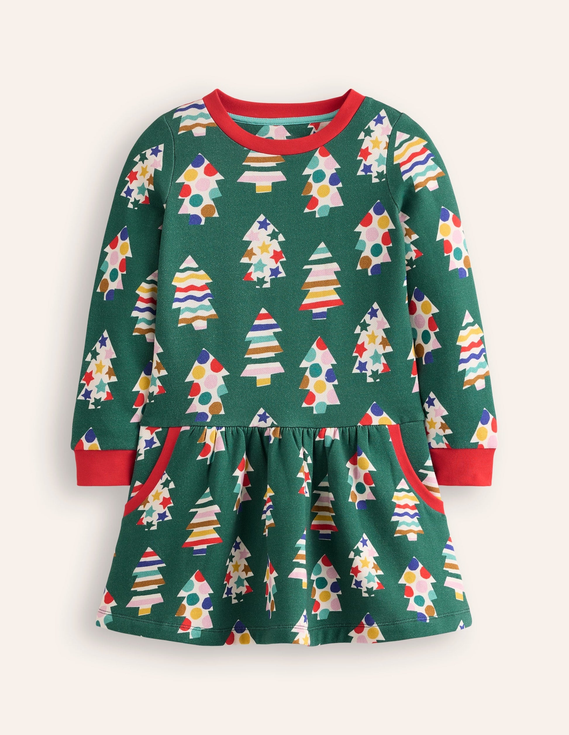 Cosy Printed Sweatshirt Dress-Jewel Green Christmas Trees-1