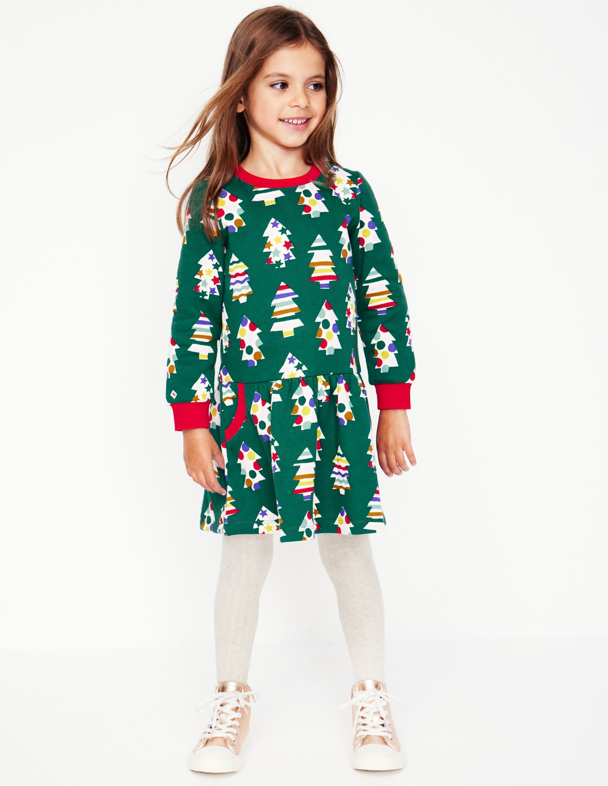 Cosy Printed Sweatshirt Dress-Jewel Green Christmas Trees - Image 7