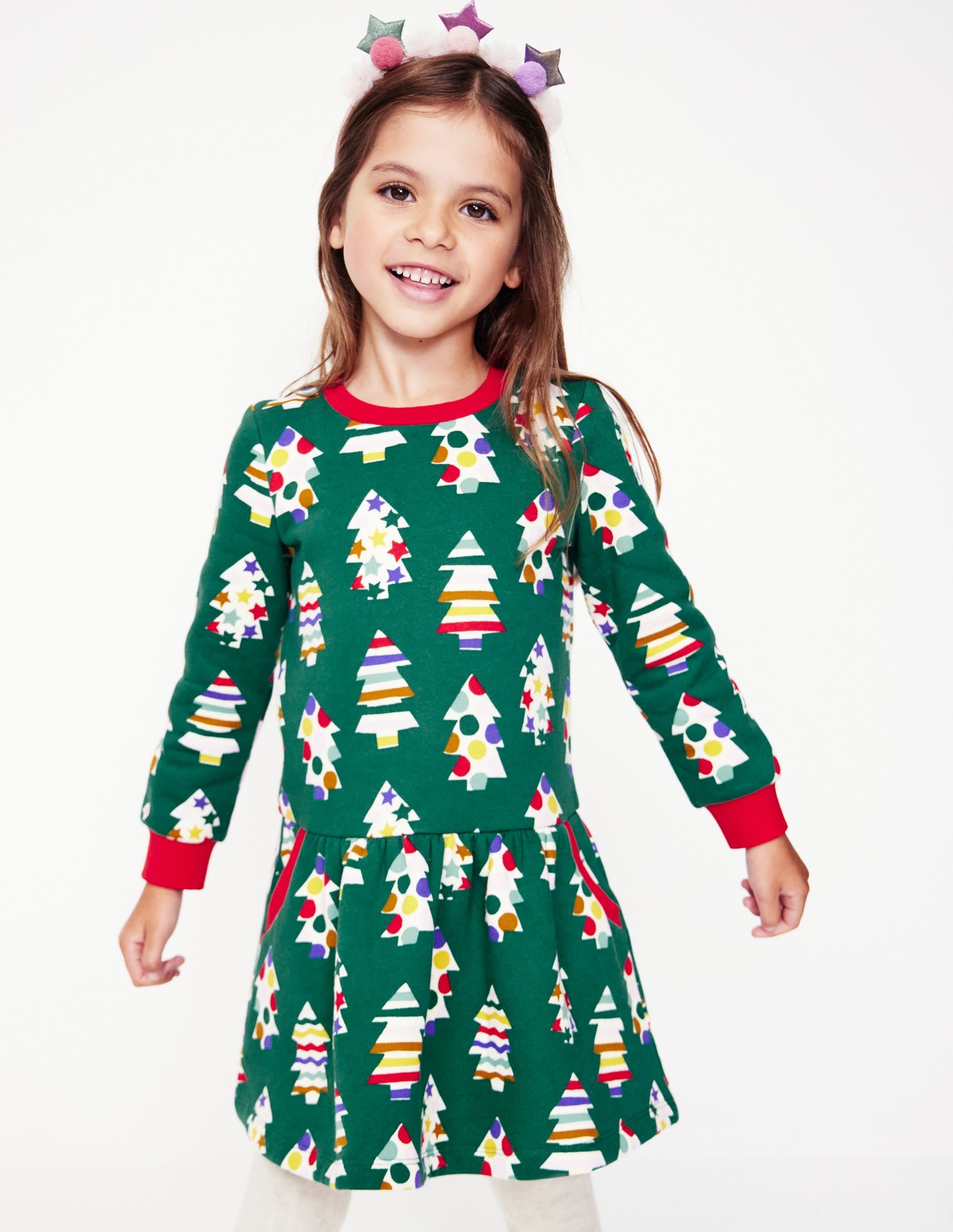 Cosy Printed Sweatshirt Dress-Jewel Green Christmas Trees - Image 9