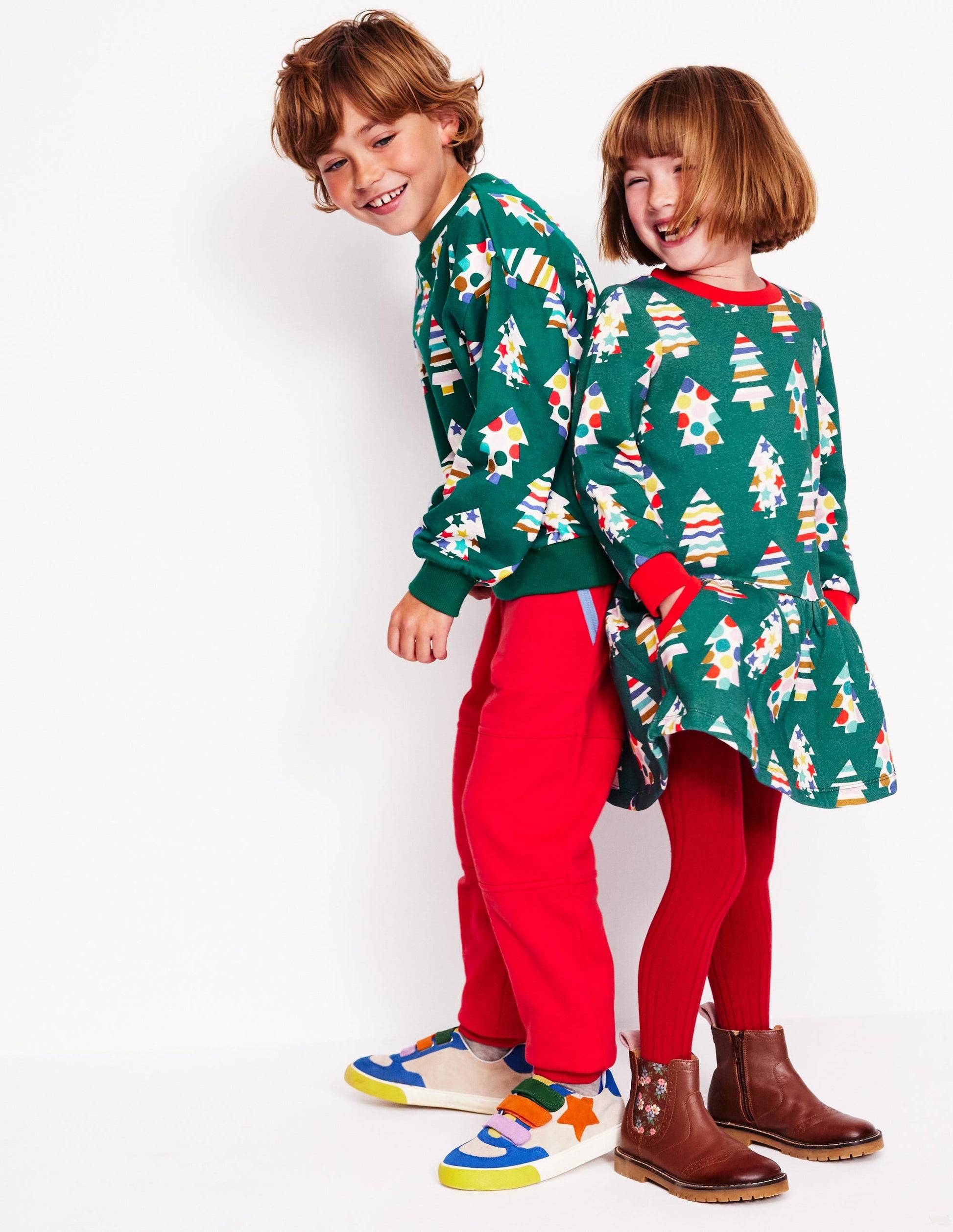 Cosy Printed Sweatshirt Dress-Jewel Green Christmas Trees-5