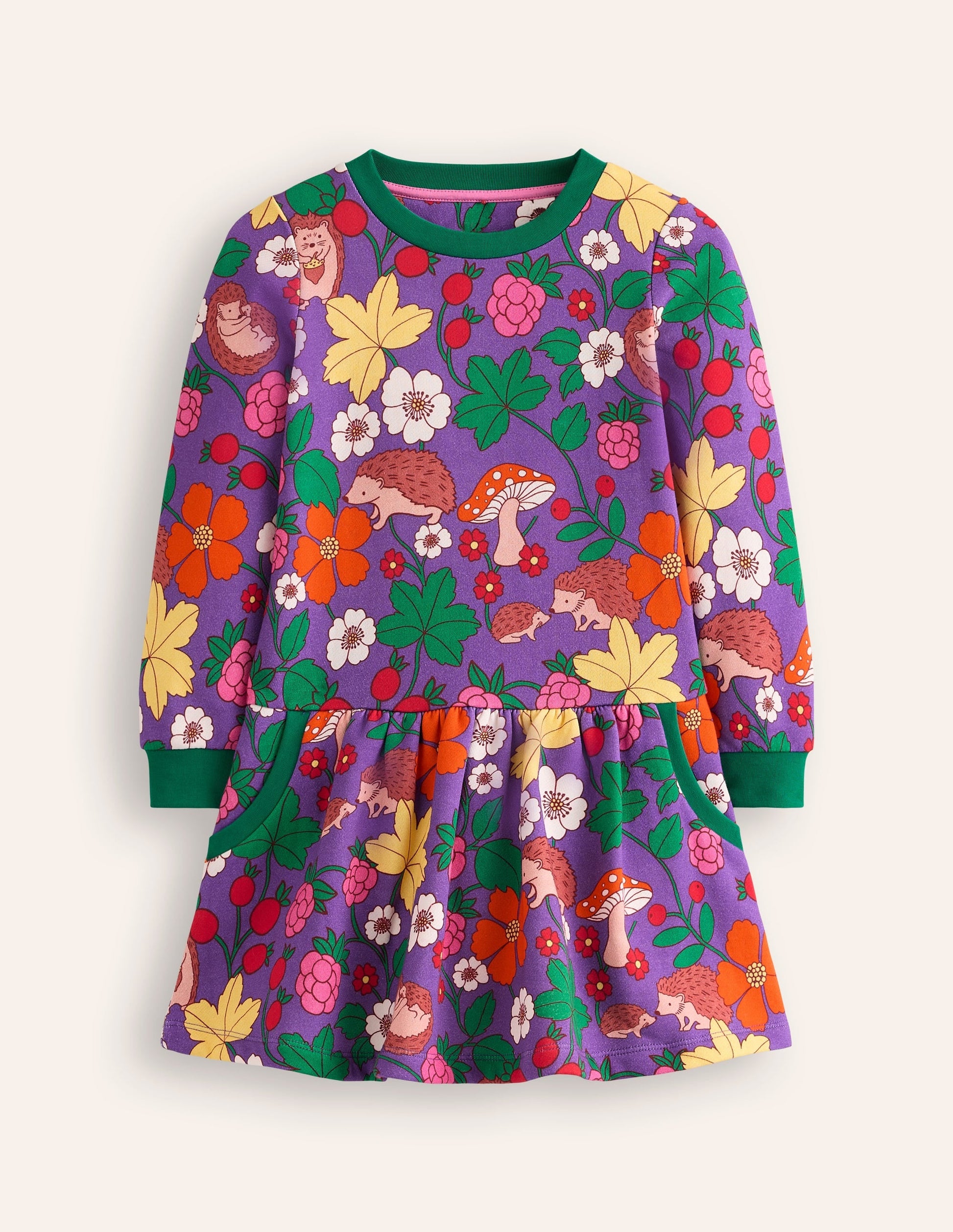 Cosy Printed Sweatshirt Dress-Pansy Purple Hedgehogs-1