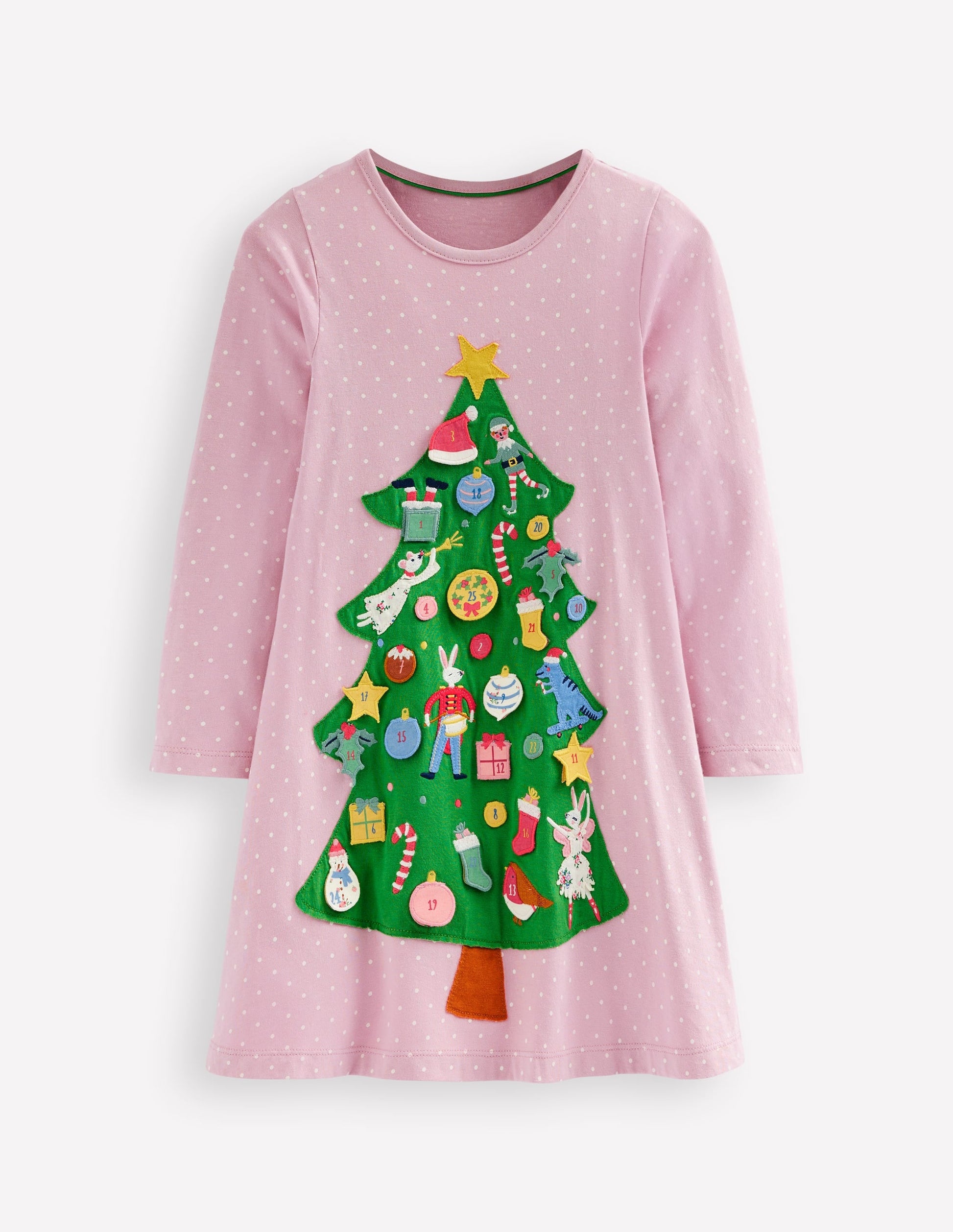 Advent Calendar Appliqué Dress-Vintage Pink Christmas Tree-1