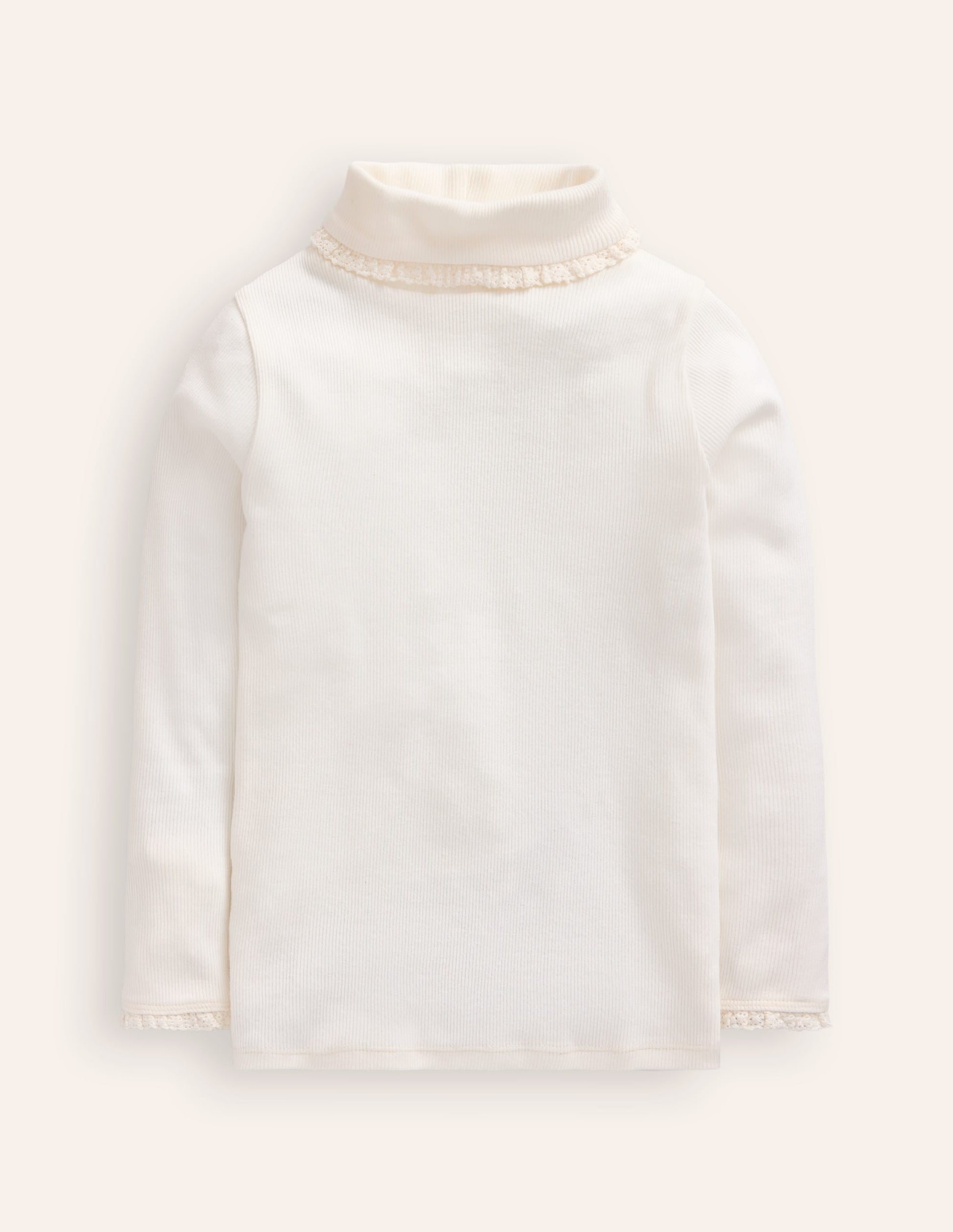 Ribbed Lace Trim Roll Neck-Ivory-1