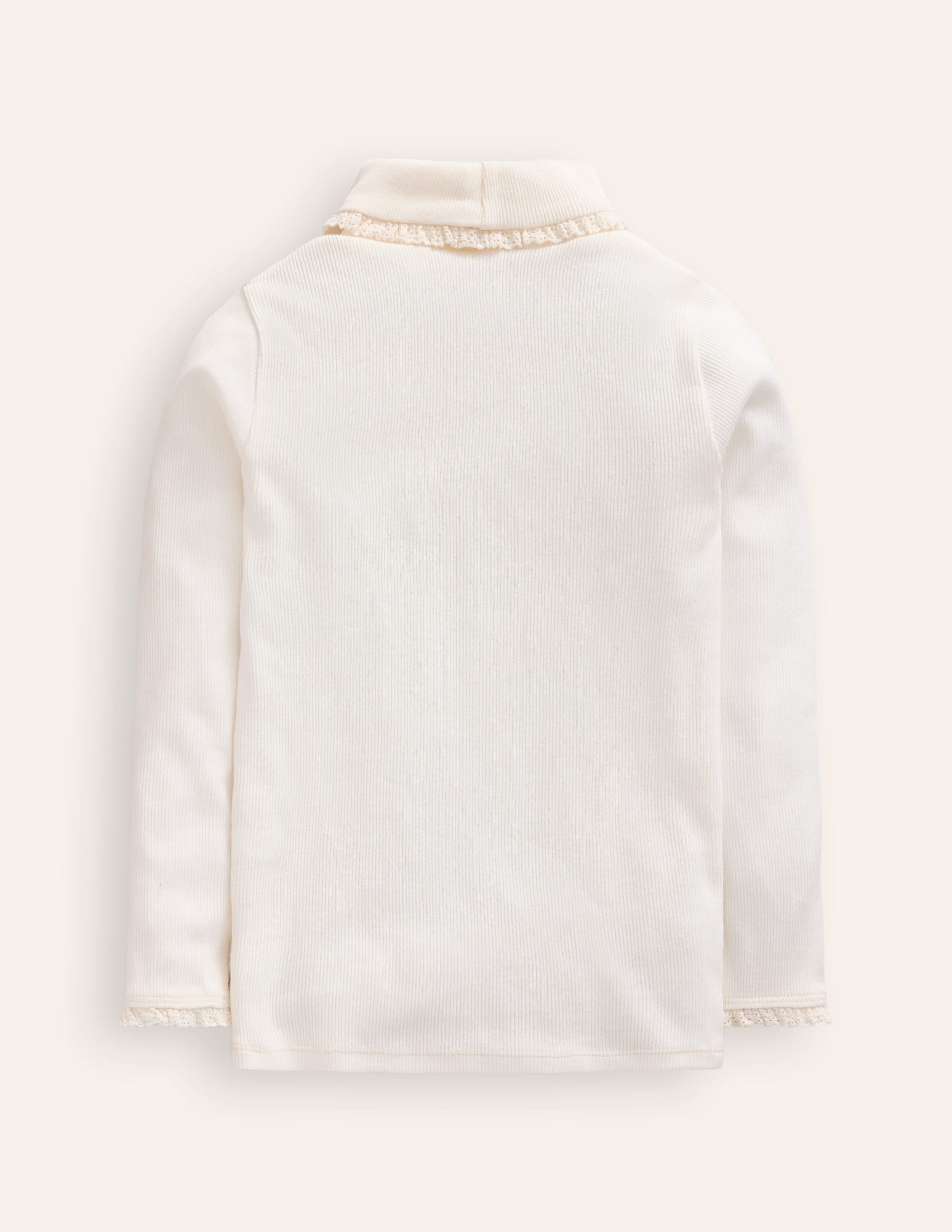 Ribbed Lace Trim Roll Neck-Ivory-2