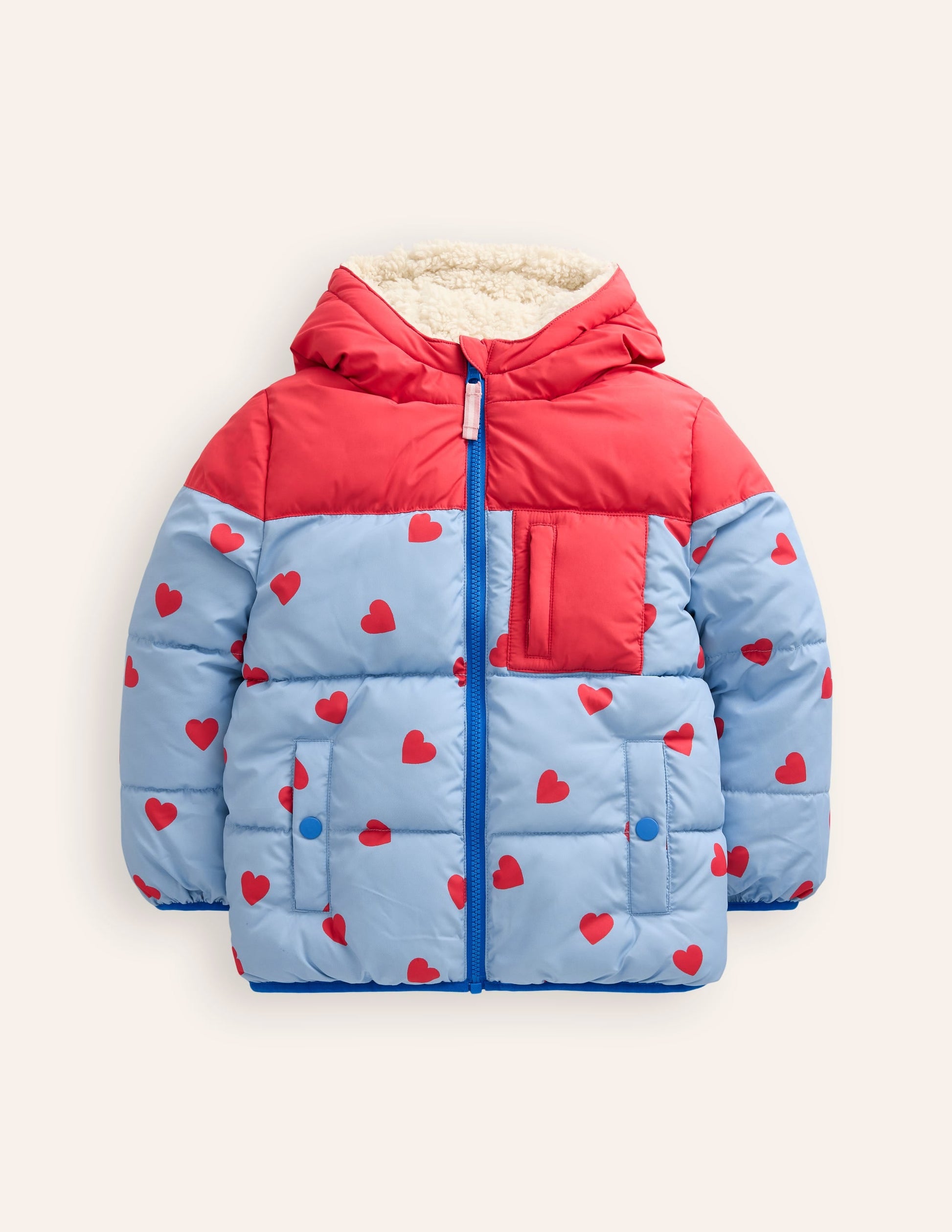Reversible Padded Borg Coat-Blue/Red Ditsy Hearts-1