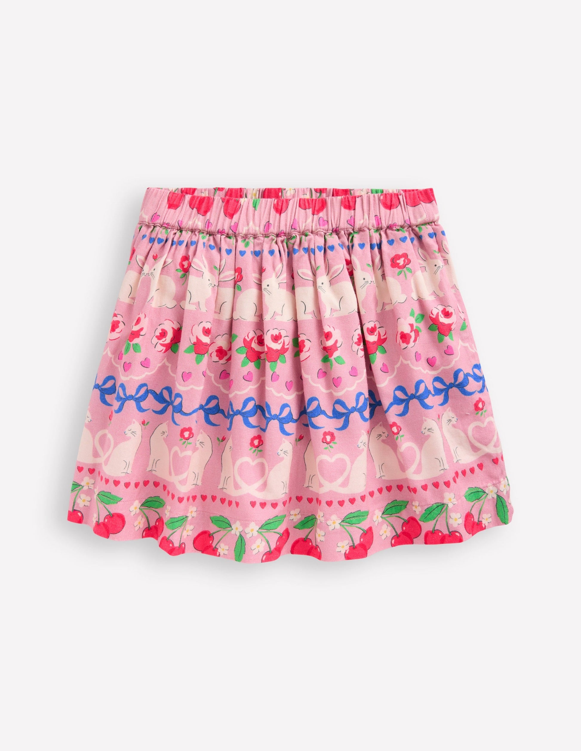 Printed Pull-On Twirly Skirt-Pink Valentines Bunny Stripe-1
