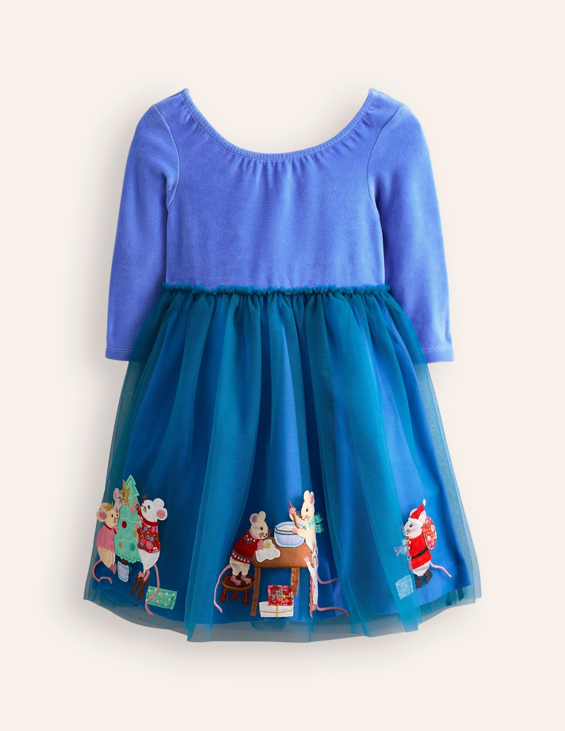 Velvet Tulle Appliqué Dress-Bluejay Festive Mice-1