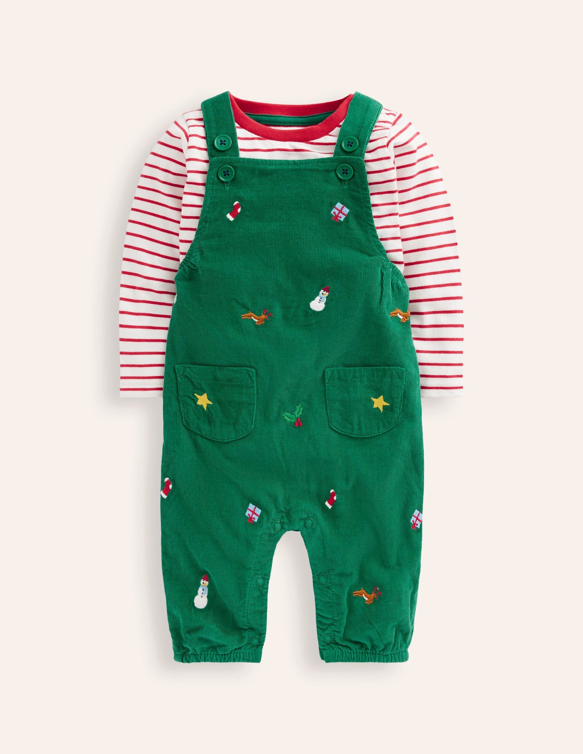 Cord Novelty Dungaree Set-Jewel Green Embroidery-1