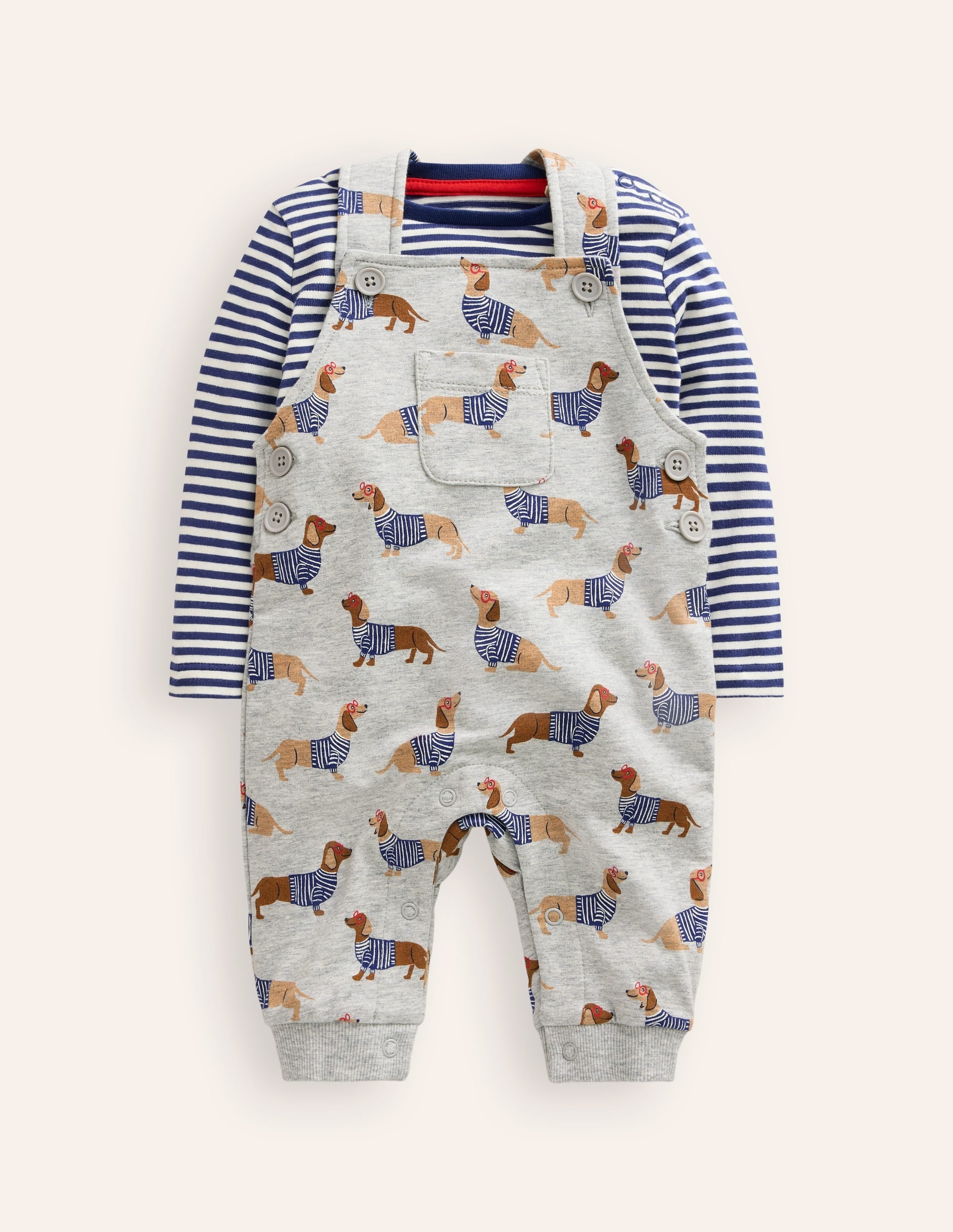 Printed Jersey Dungaree Set-Grey Sausage Dogs - Image 1