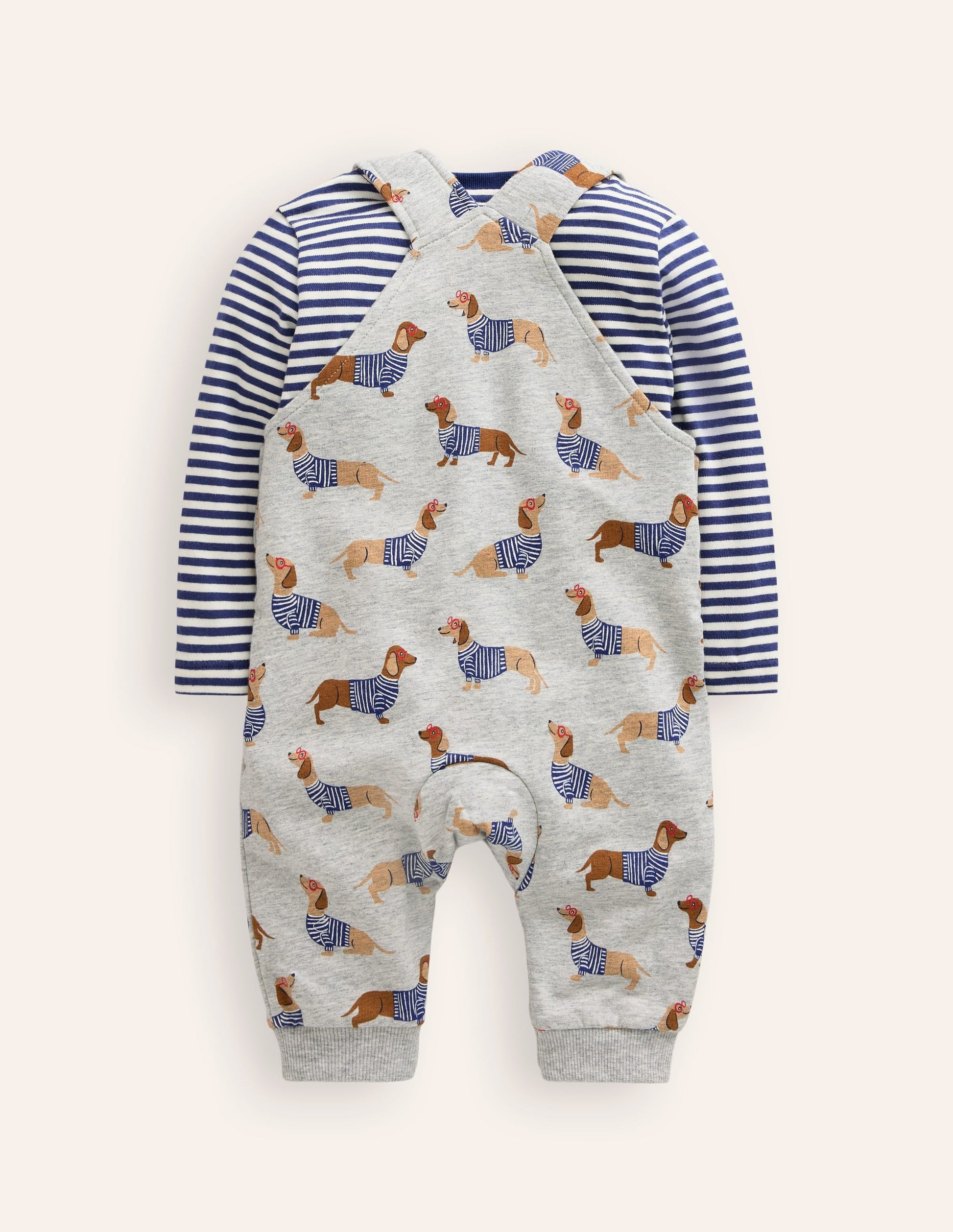 Printed Jersey Dungaree Set-Grey Sausage Dogs-2