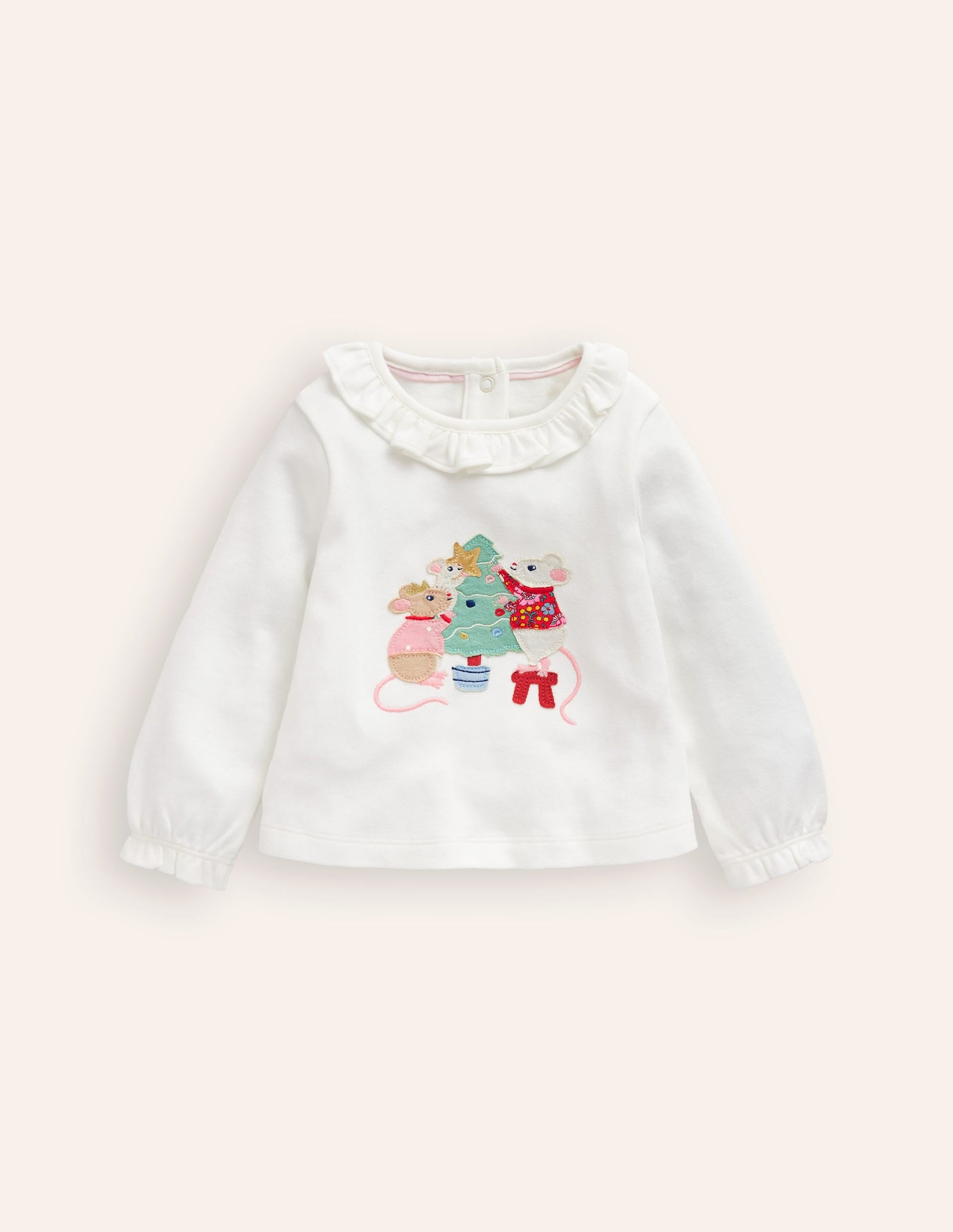 Ruffle neck T-shirt-Ivory Mice-1