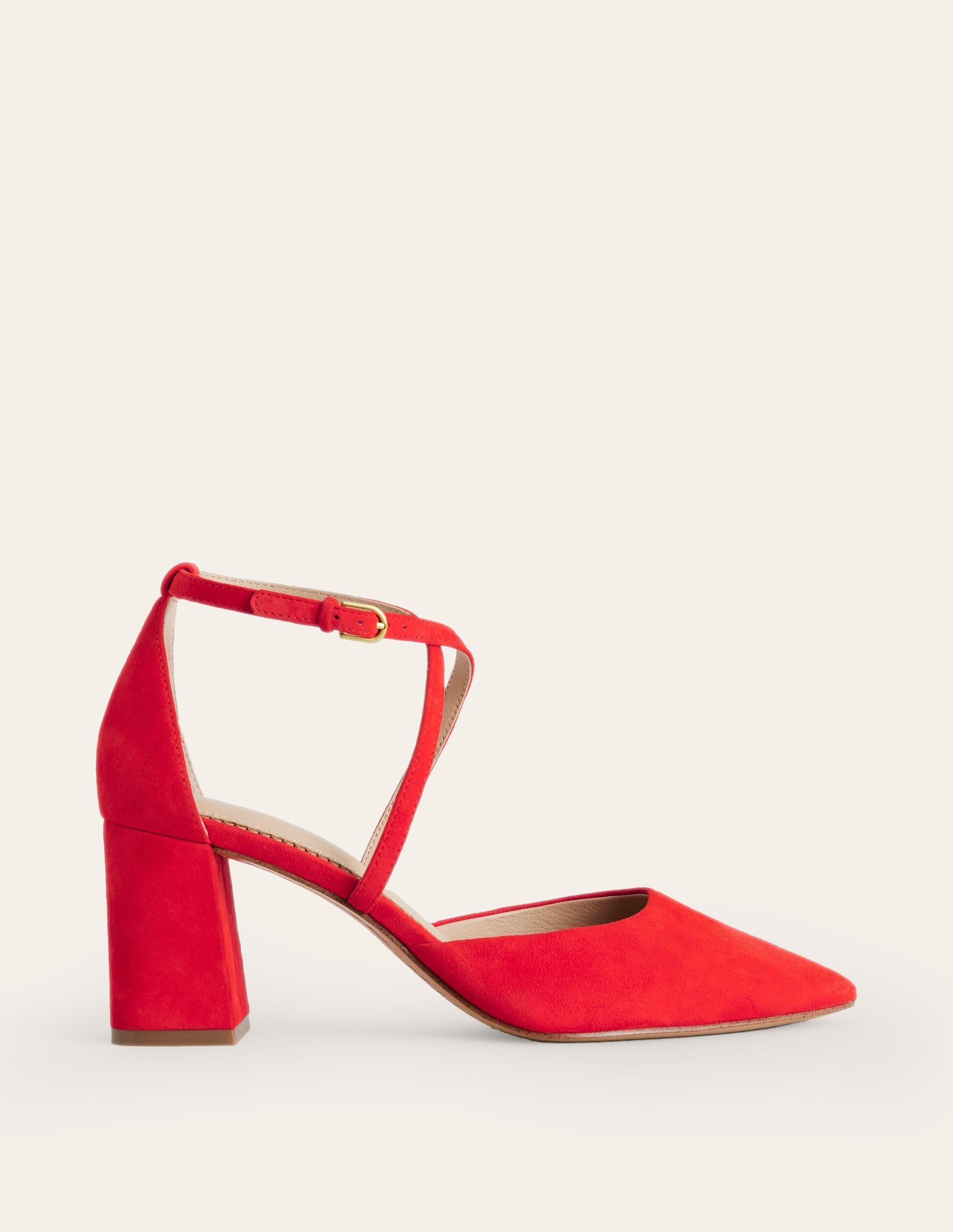Strap Block Heel Point Courts-Red Suede - Image 2