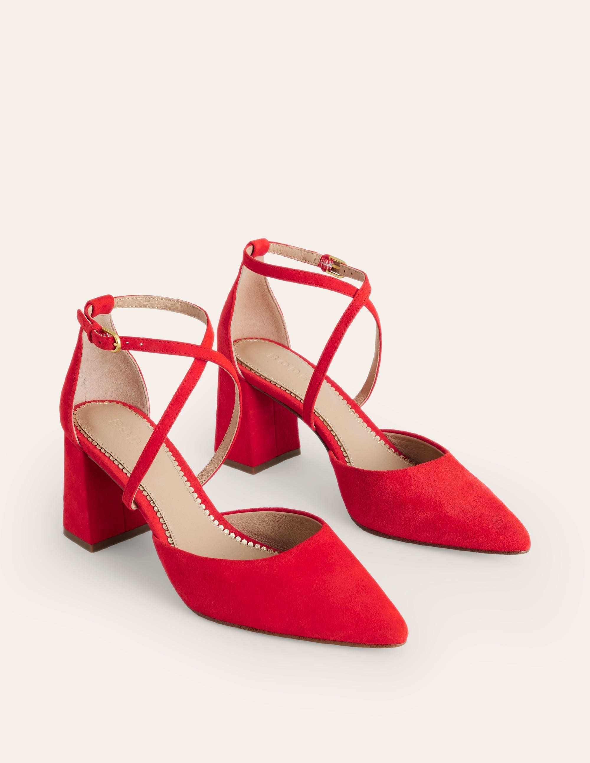 Strap Block Heel Point Courts-Red Suede - Image 3