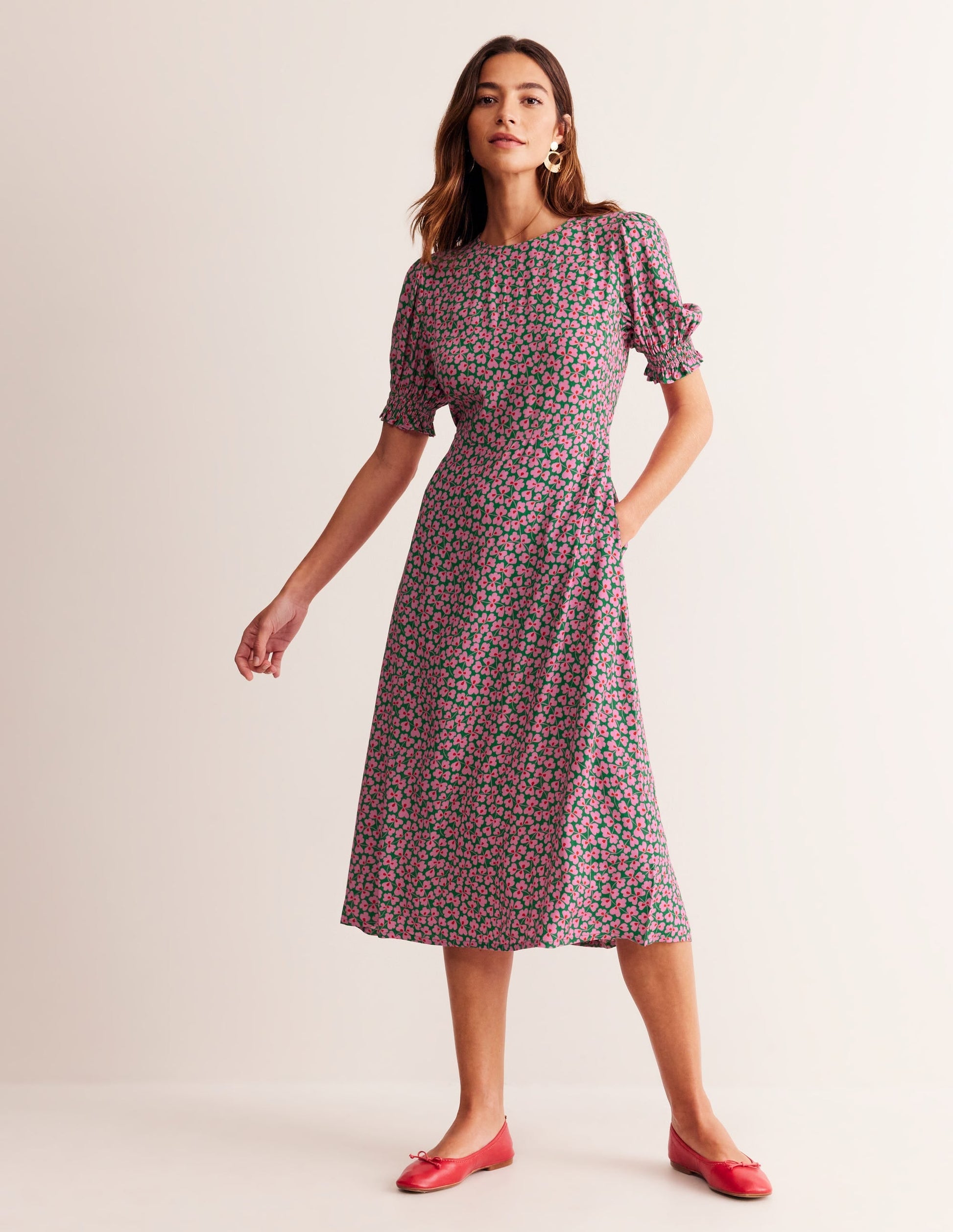 Corinne Midi Tea Dress-Mauve and Green, Clover Whirl-1