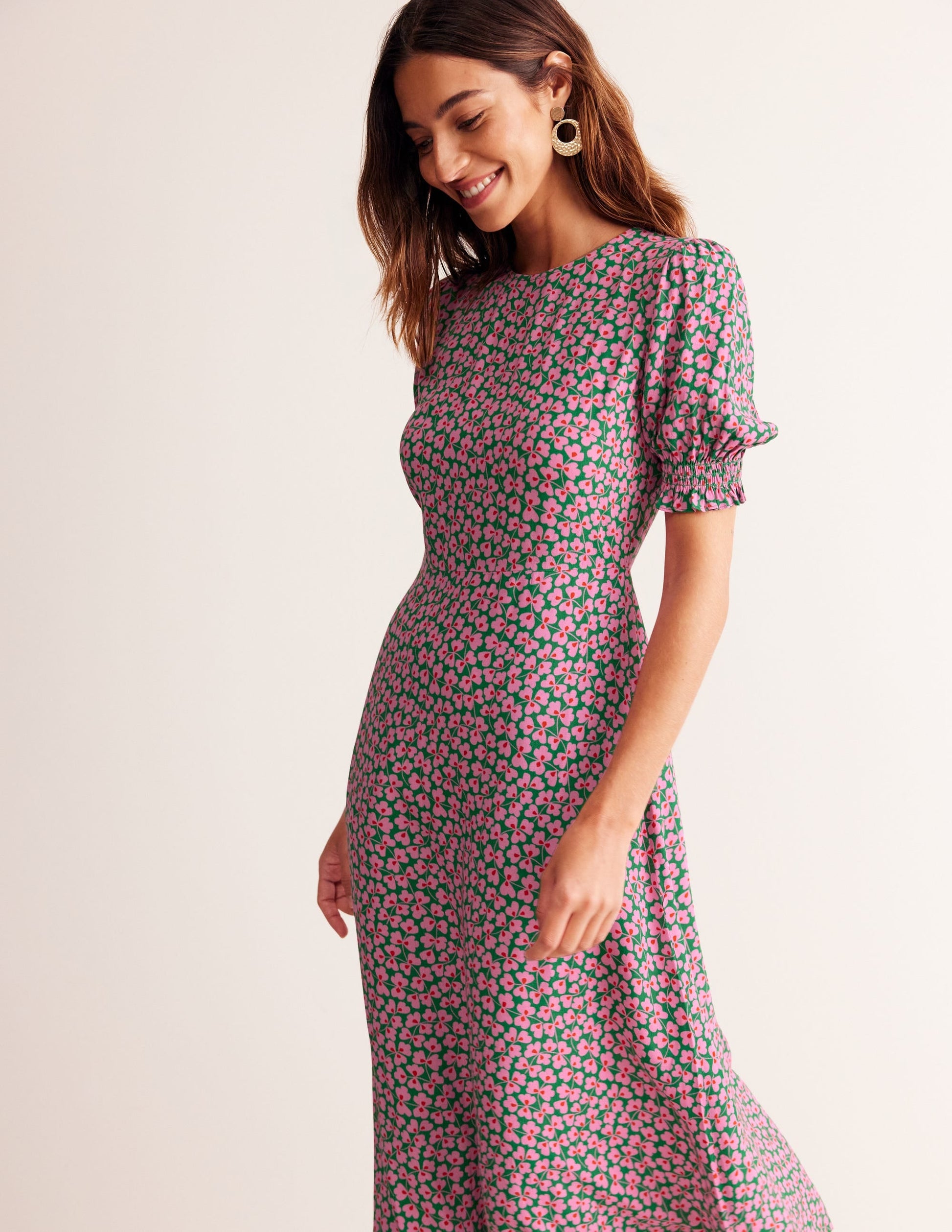 Corinne Midi Tea Dress-Mauve and Green, Clover Whirl-4