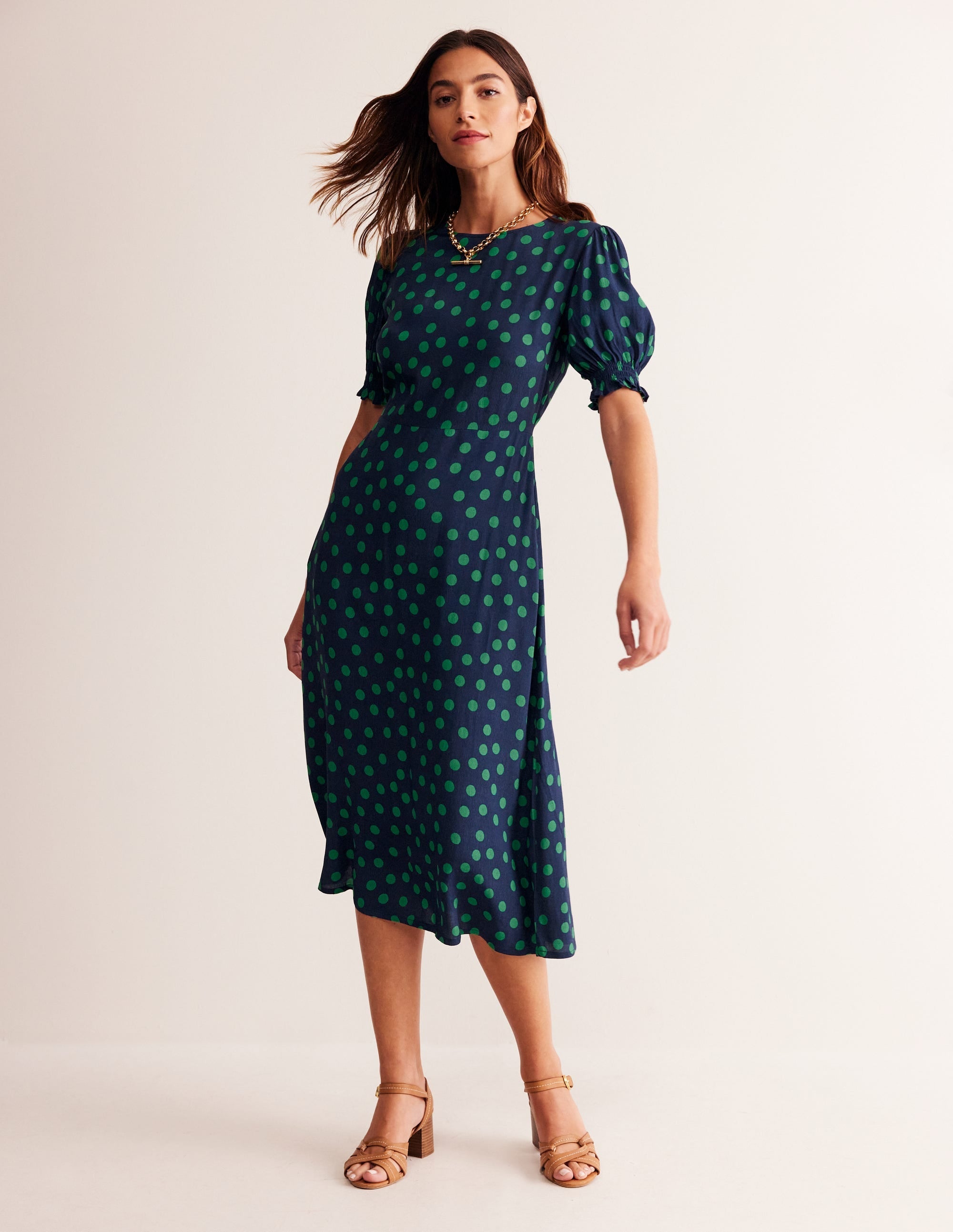 Corinne Midi Tea Dress-Navy, Abstract Dot - Image 2
