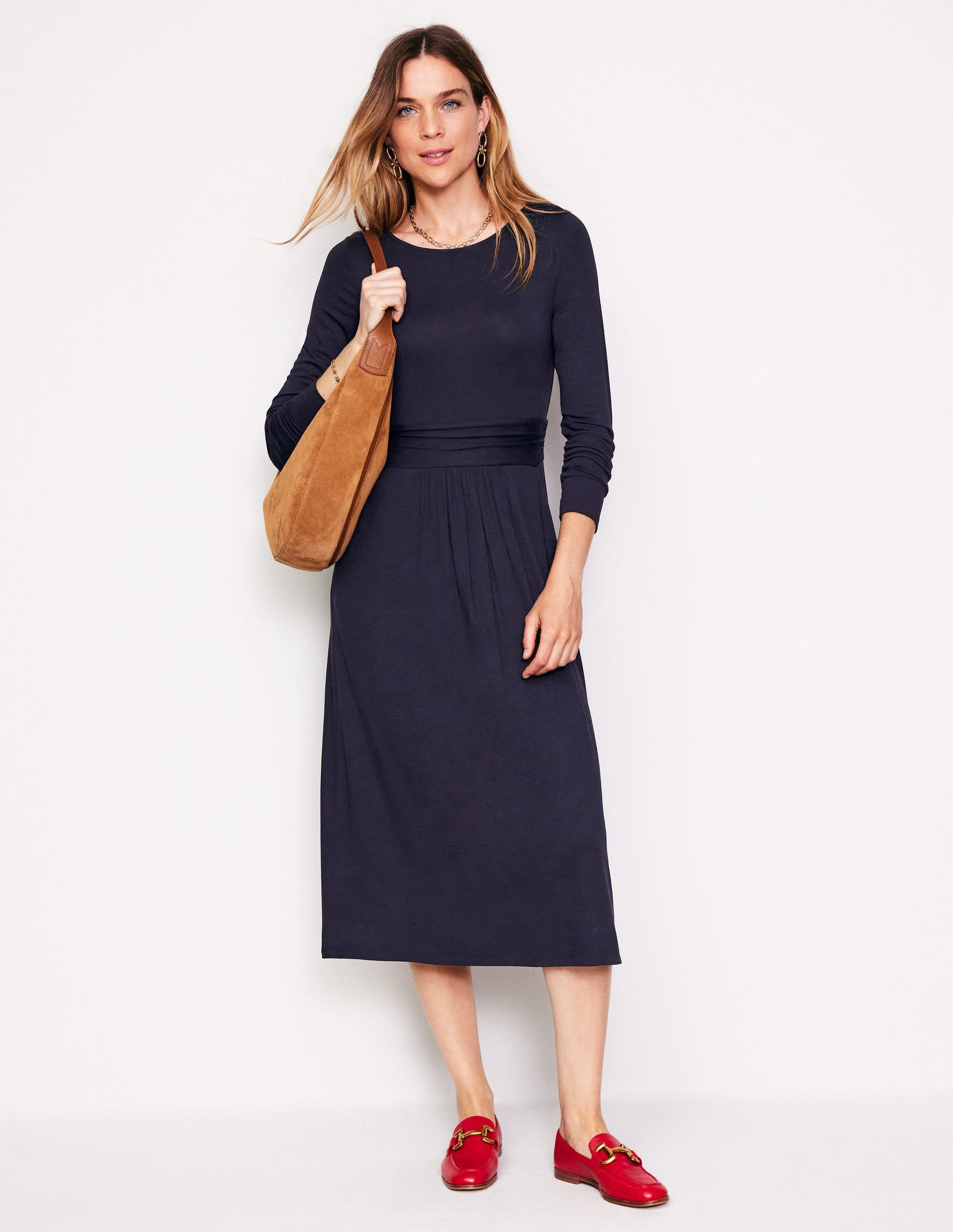 Amelie Long Sleeve Midi Dress-Navy-4