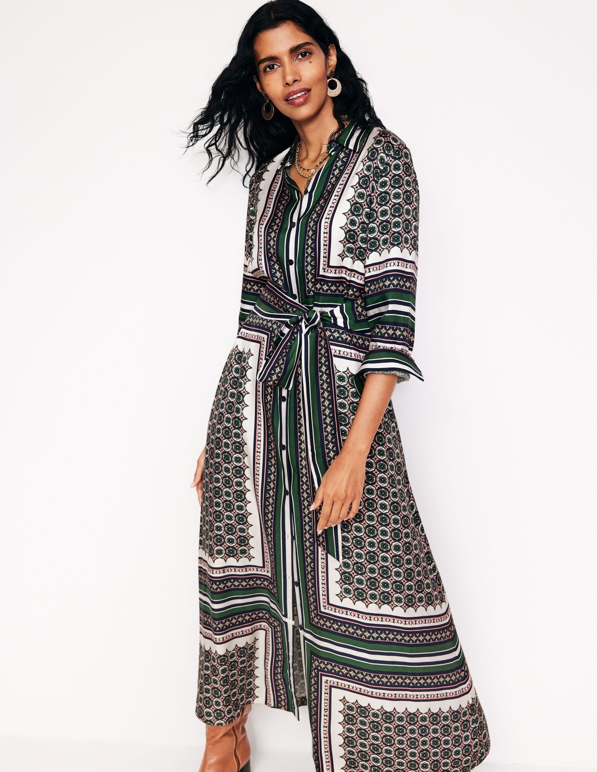 Scarf Print Shirt Dress-Eden, Geo Mosaic-1