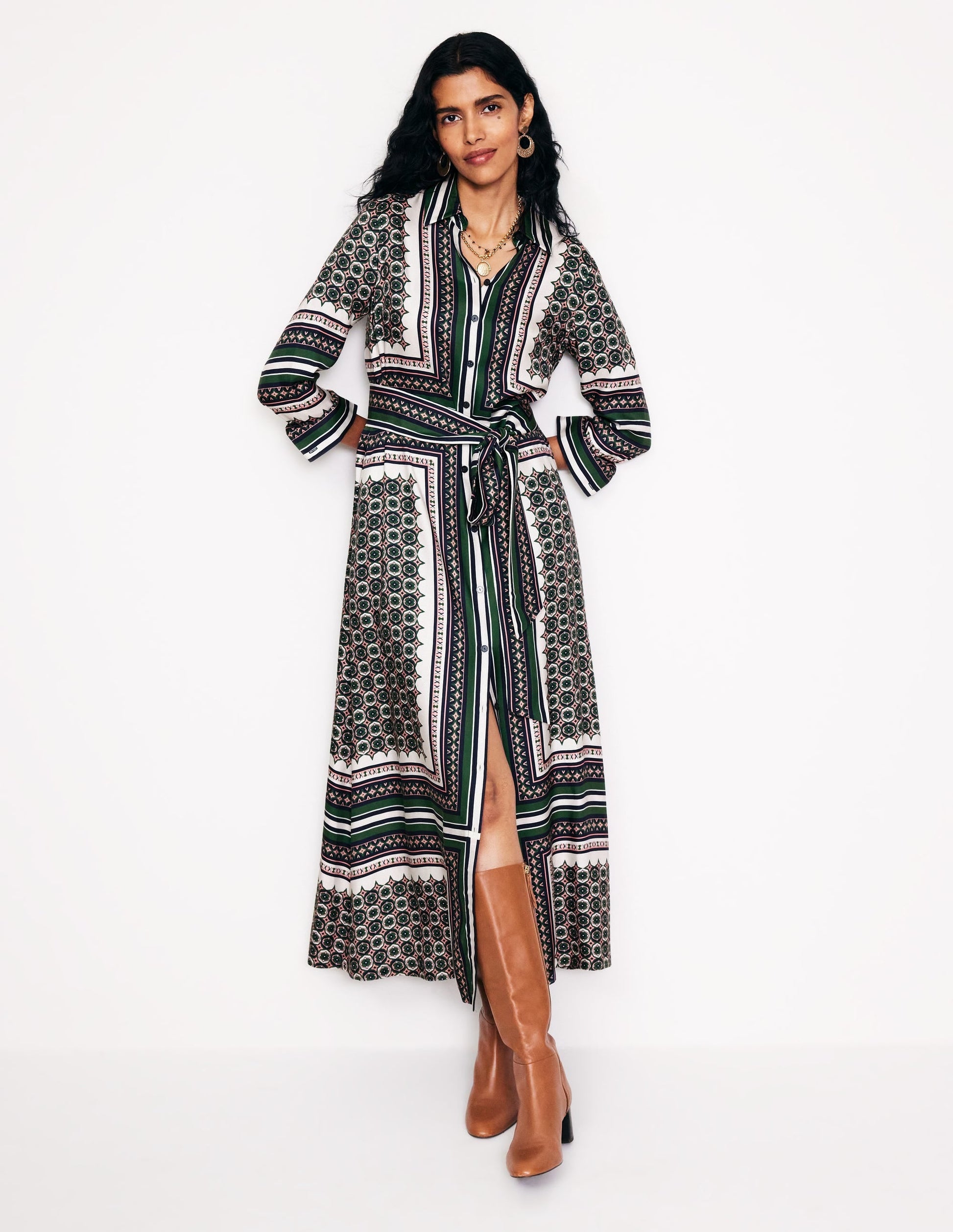 Scarf Print Shirt Dress-Eden, Geo Mosaic-4