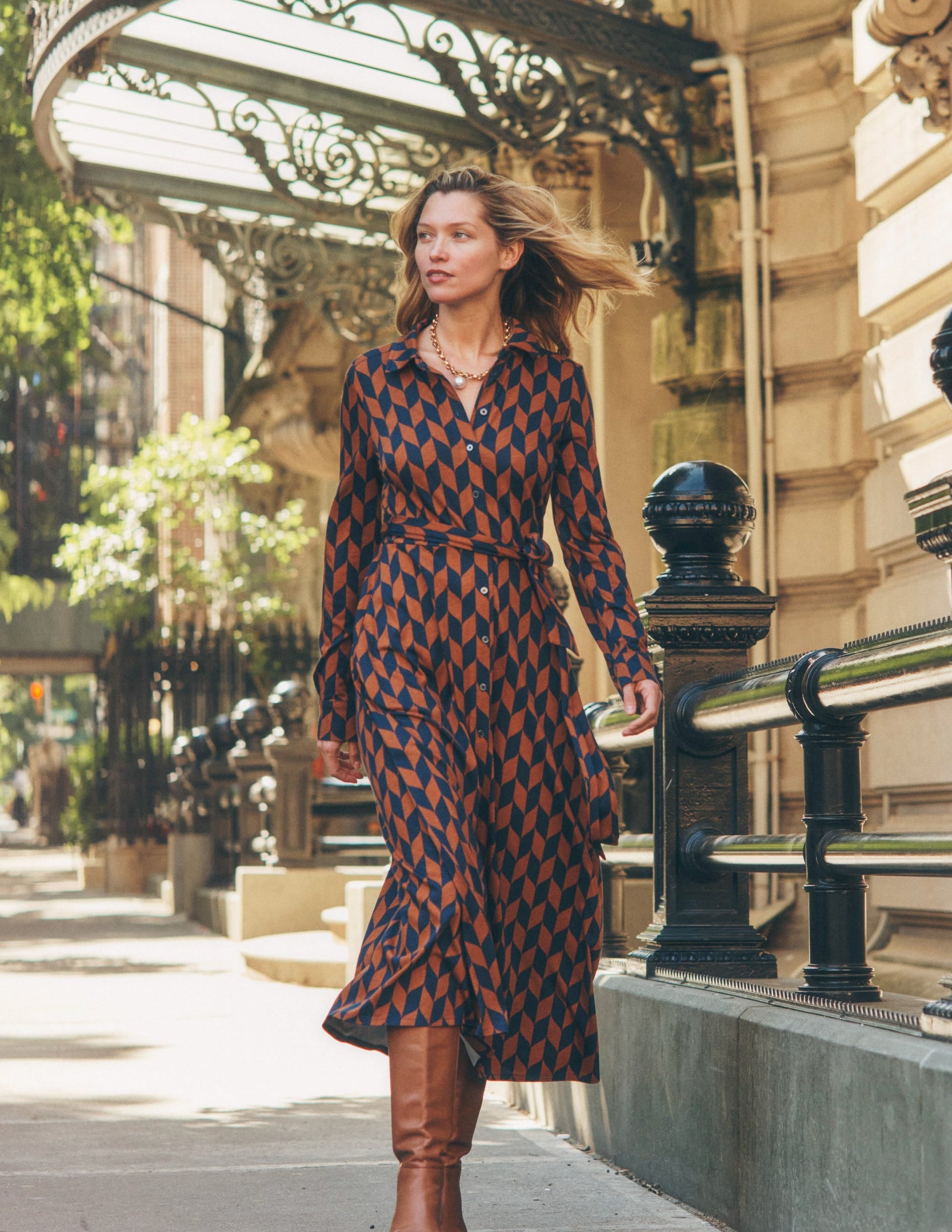 Marcia Jersey Midi Shirt Dress-Cognac, Chevron Swirl-6