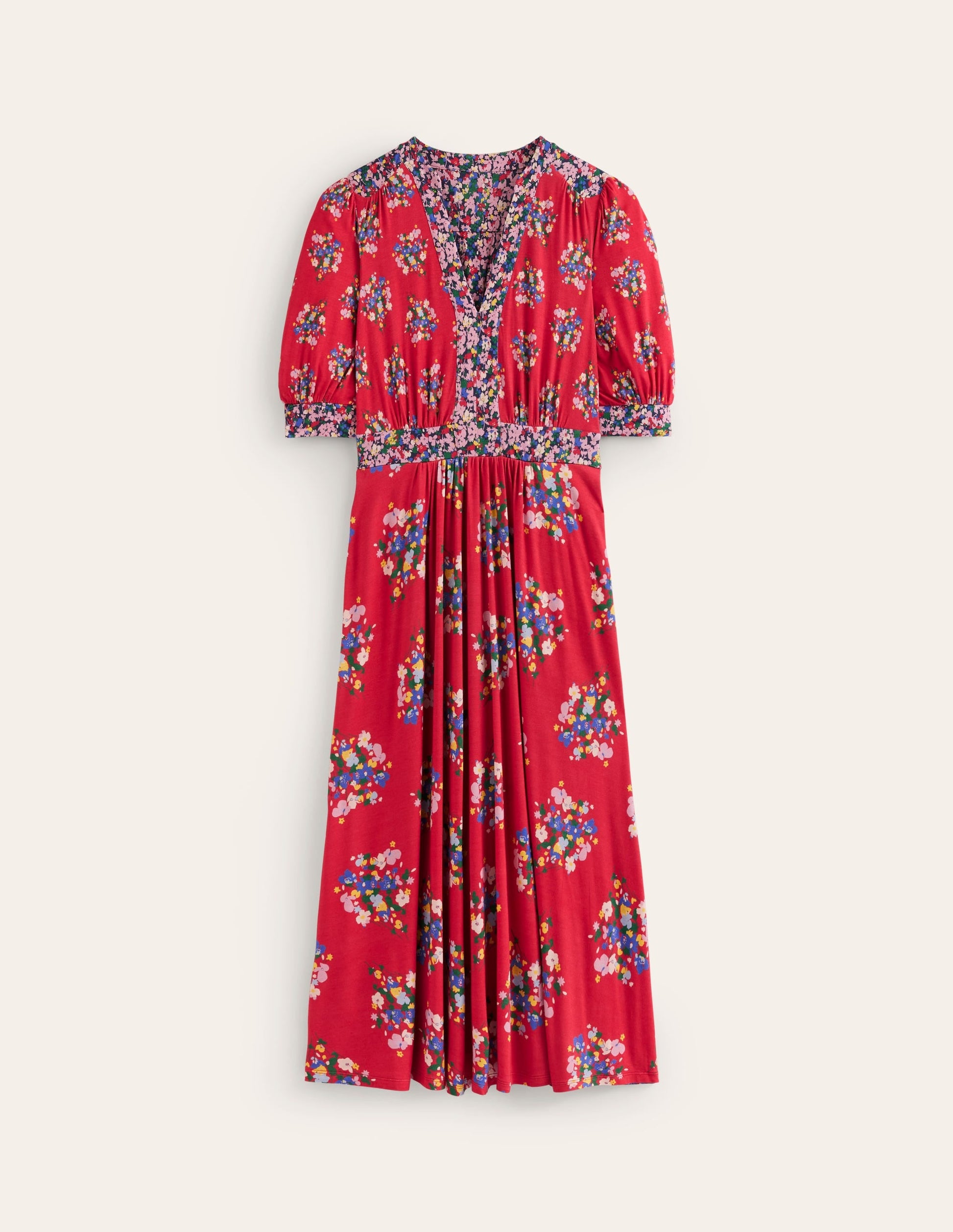 Lily Jersey Midi Tea Dress-Bright Ruby, Poppy Bouquet-6