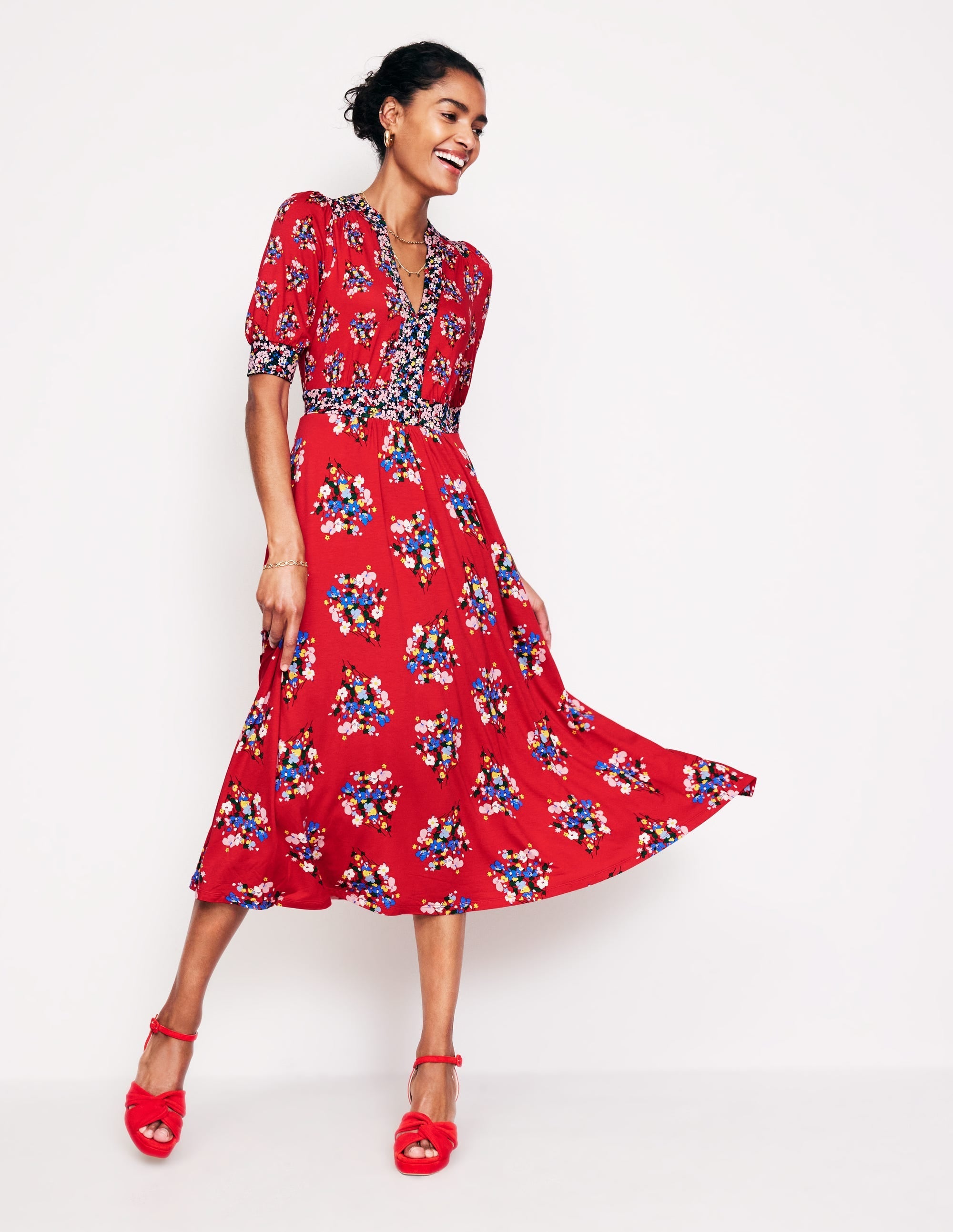 Lily Jersey Midi Tea Dress-Bright Ruby, Poppy Bouquet - Image 1