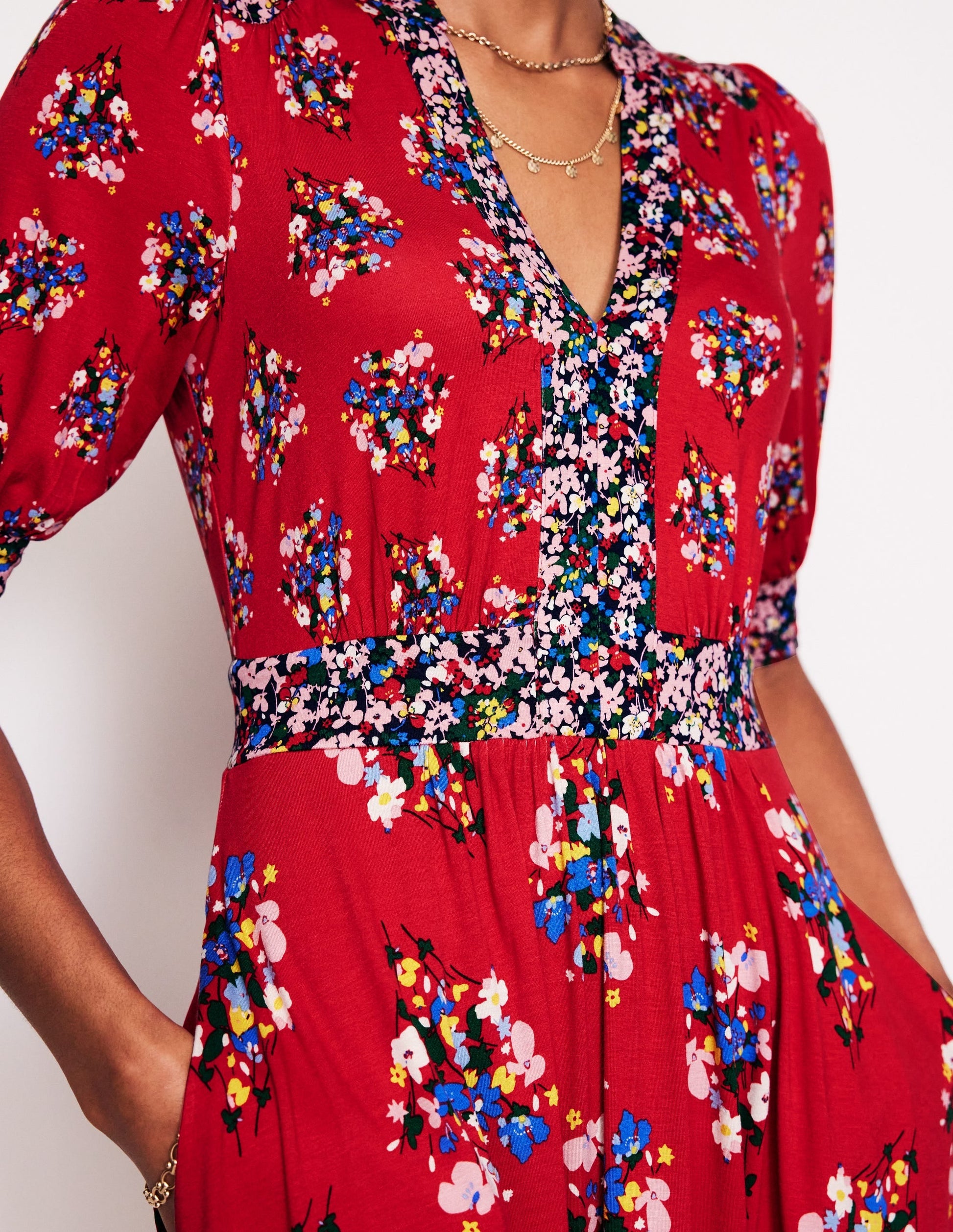 Lily Jersey Midi Tea Dress-Bright Ruby, Poppy Bouquet-2