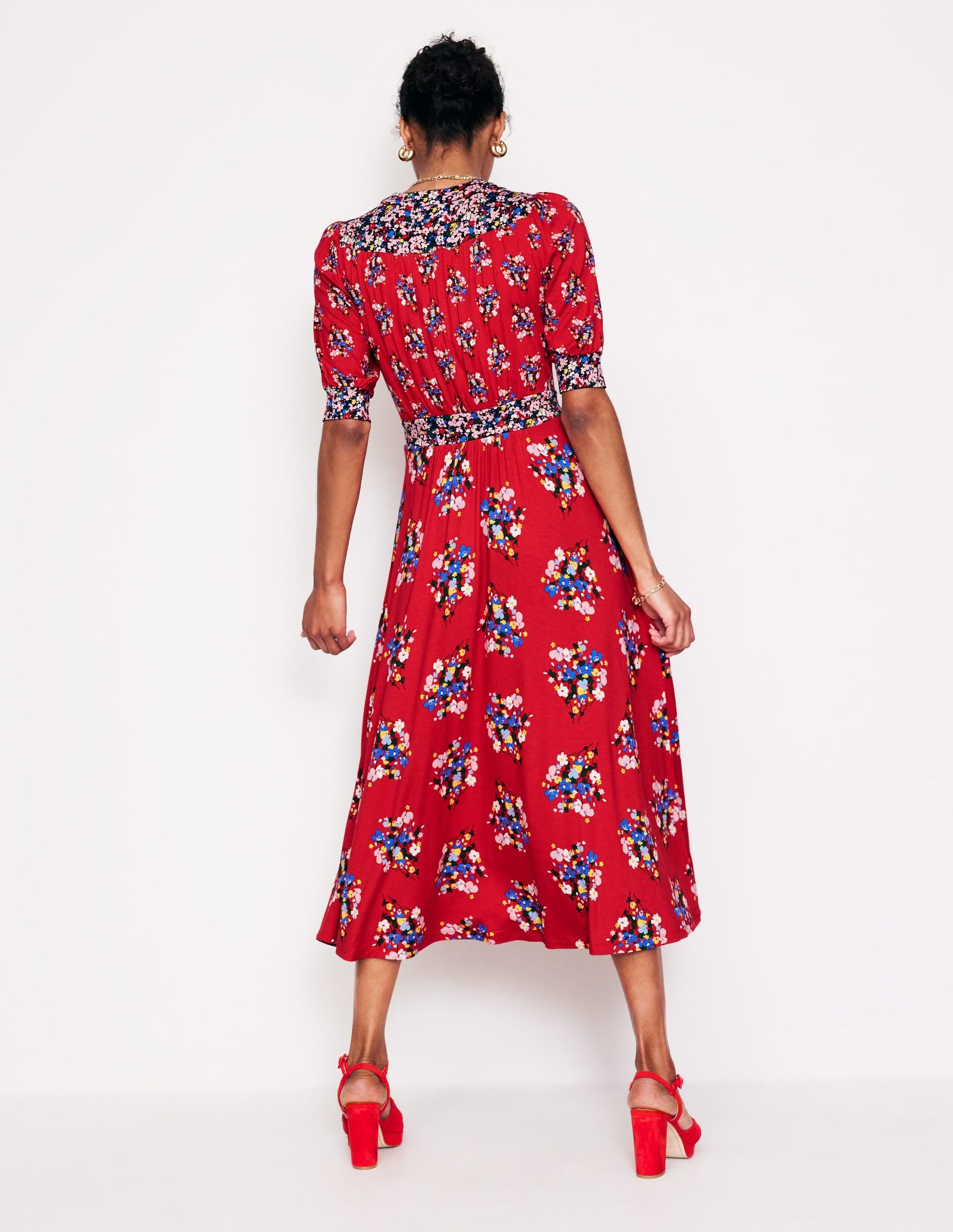 Lily Jersey Midi Tea Dress-Bright Ruby, Poppy Bouquet-3