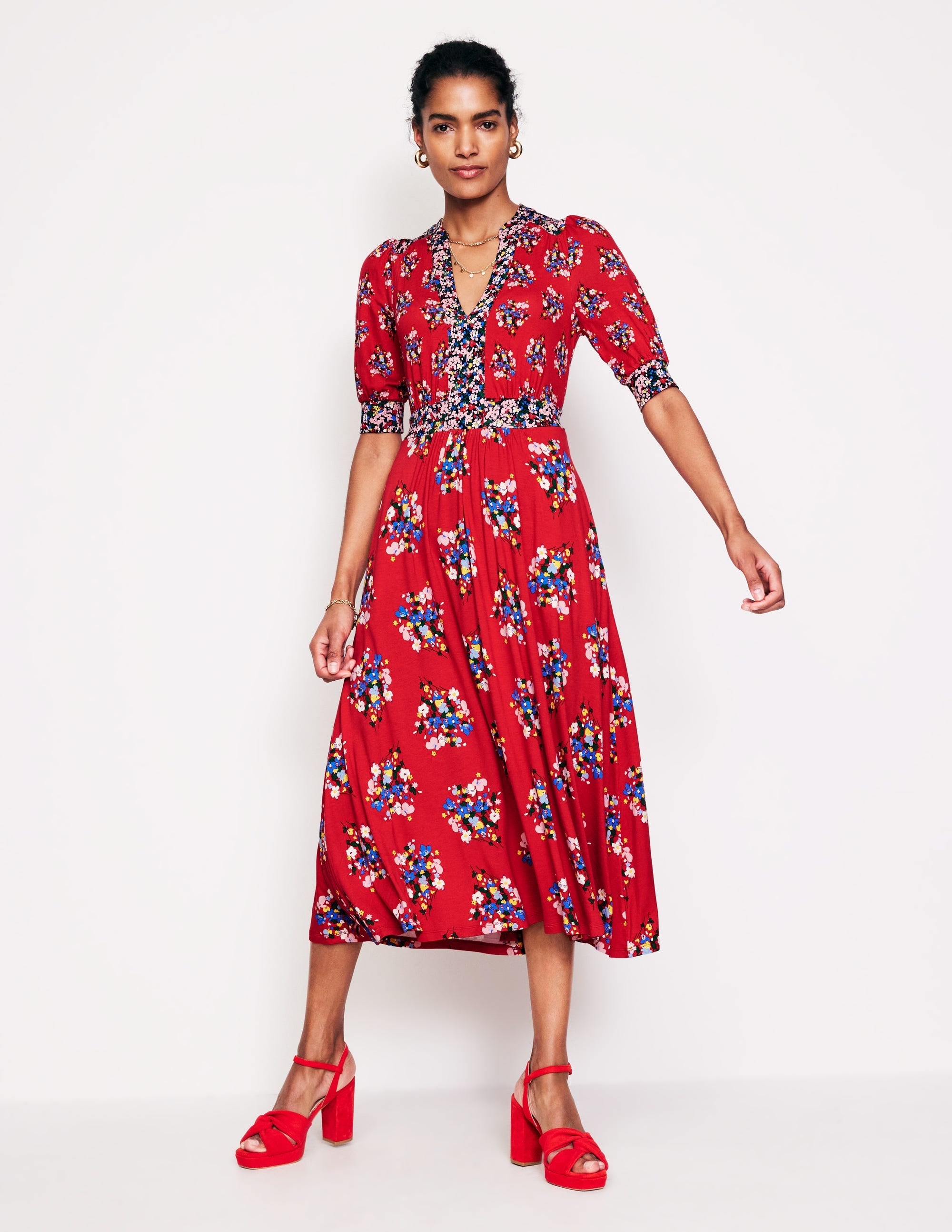 Lily Jersey Midi Tea Dress-Bright Ruby, Poppy Bouquet - Image 4