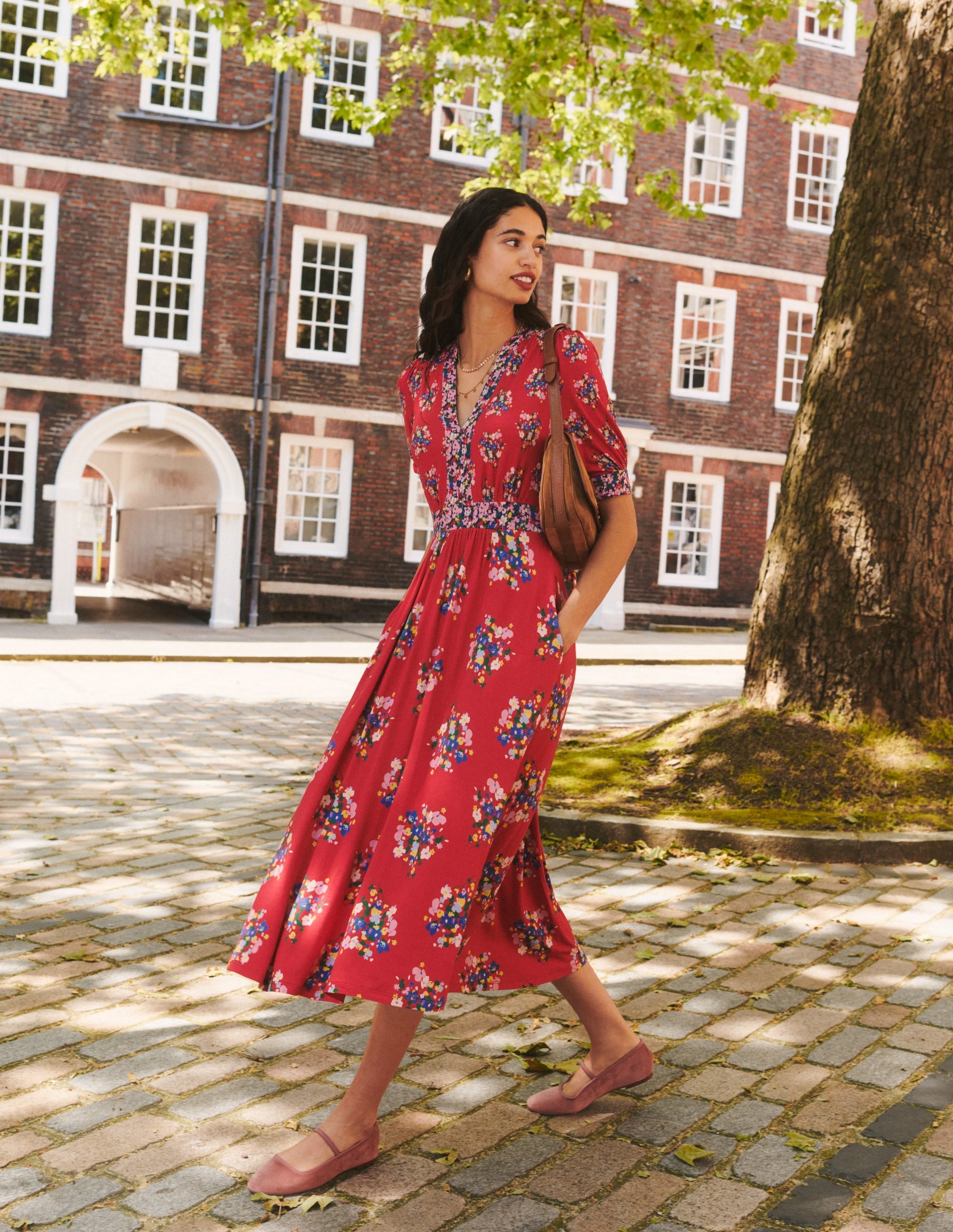 Lily Jersey Midi Tea Dress-Bright Ruby, Poppy Bouquet - Image 5