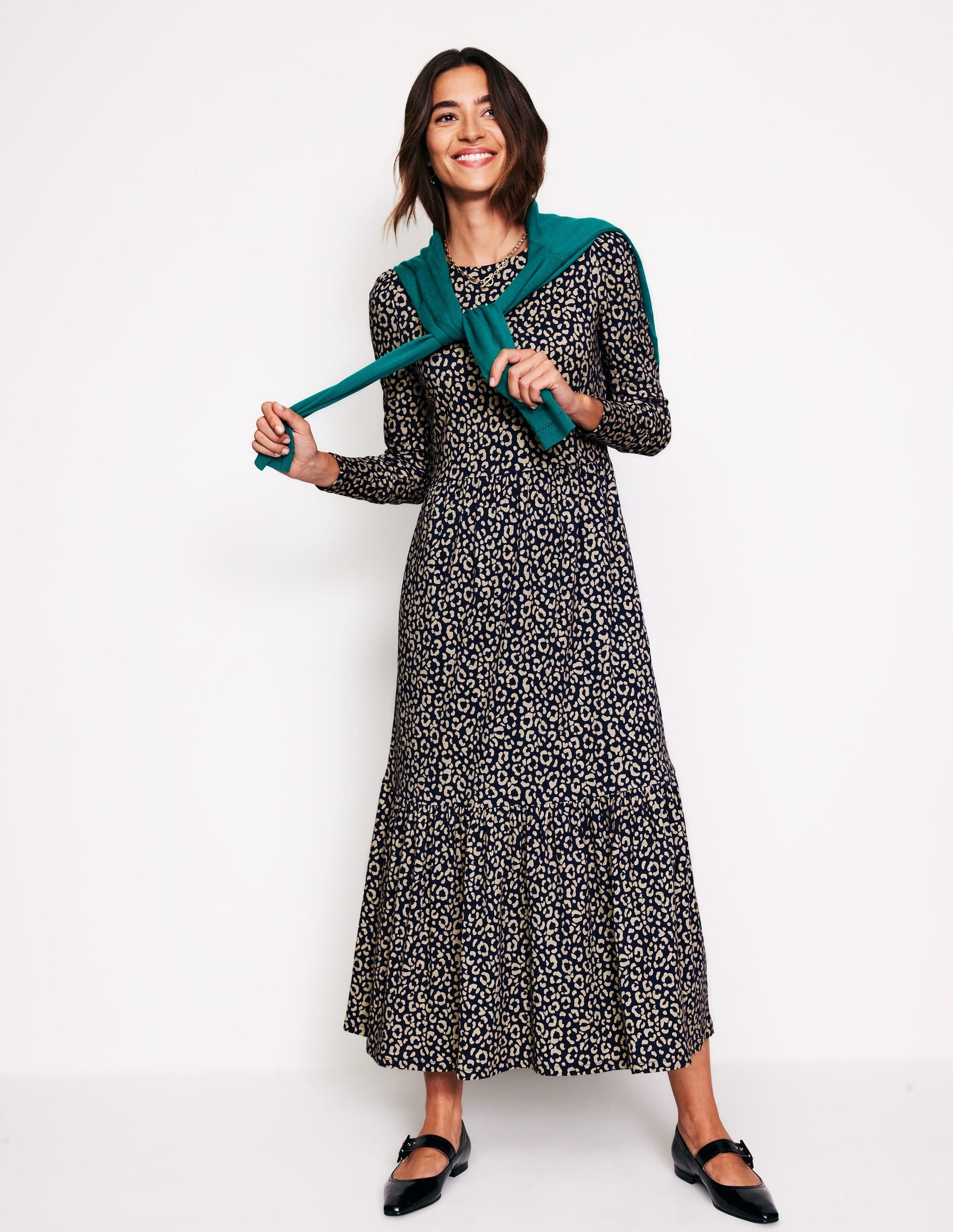Emma Long Sleeve Jersey Dress-Macadamia, Animal Stamp-1