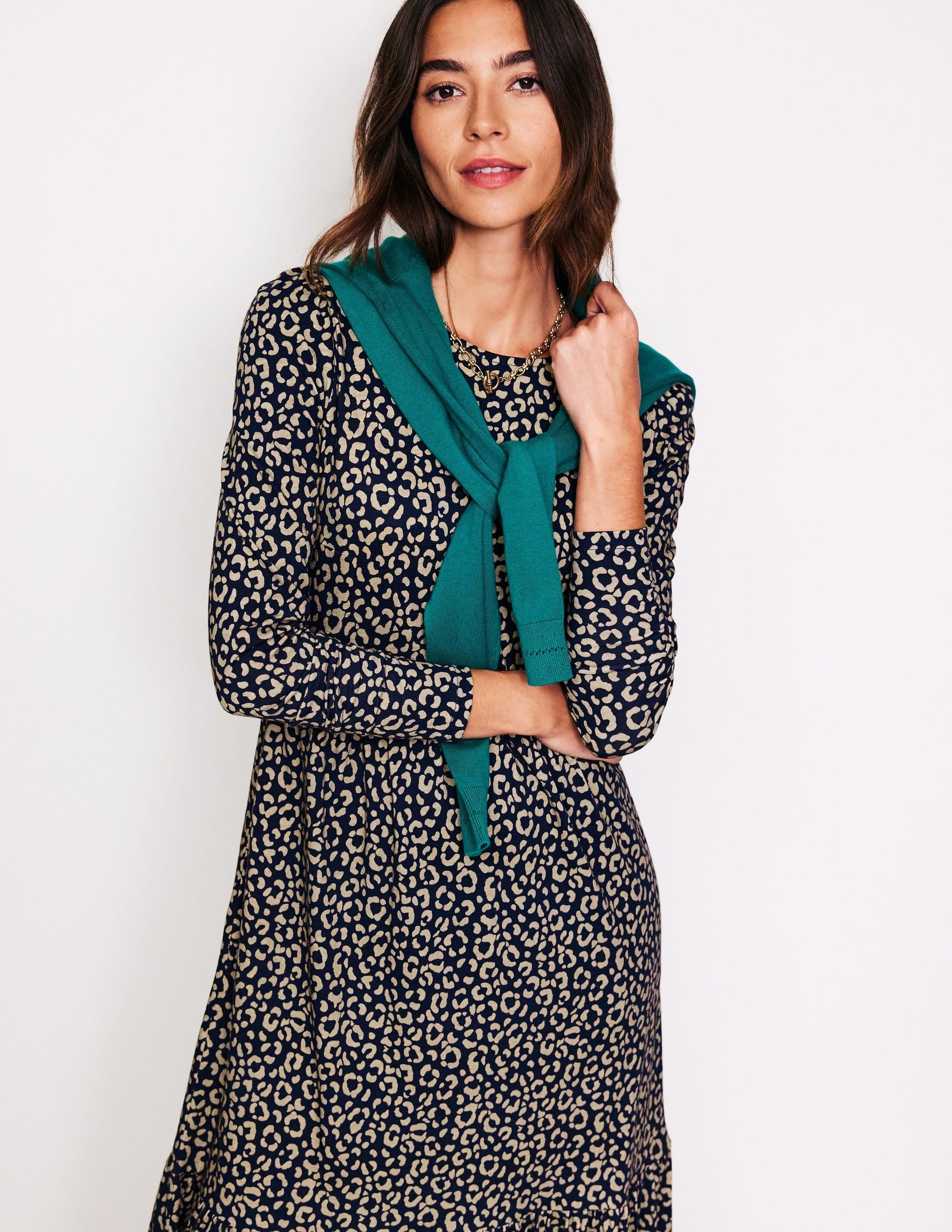 Emma Long Sleeve Jersey Dress-Macadamia, Animal Stamp-4