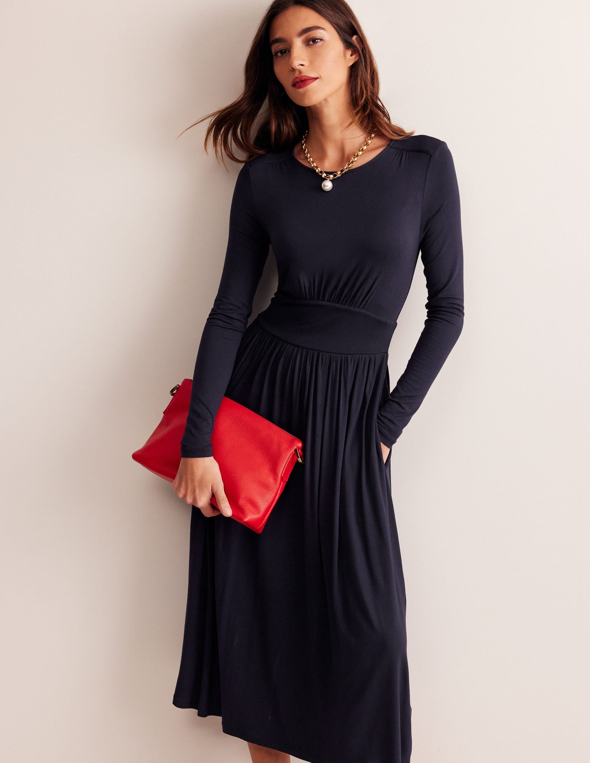 Thea Long Sleeve Jersey Dress-Navy-1
